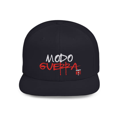 Front view of the Modo Guerra Snapback Cap in navy blue with bold red embroidery By el Temach