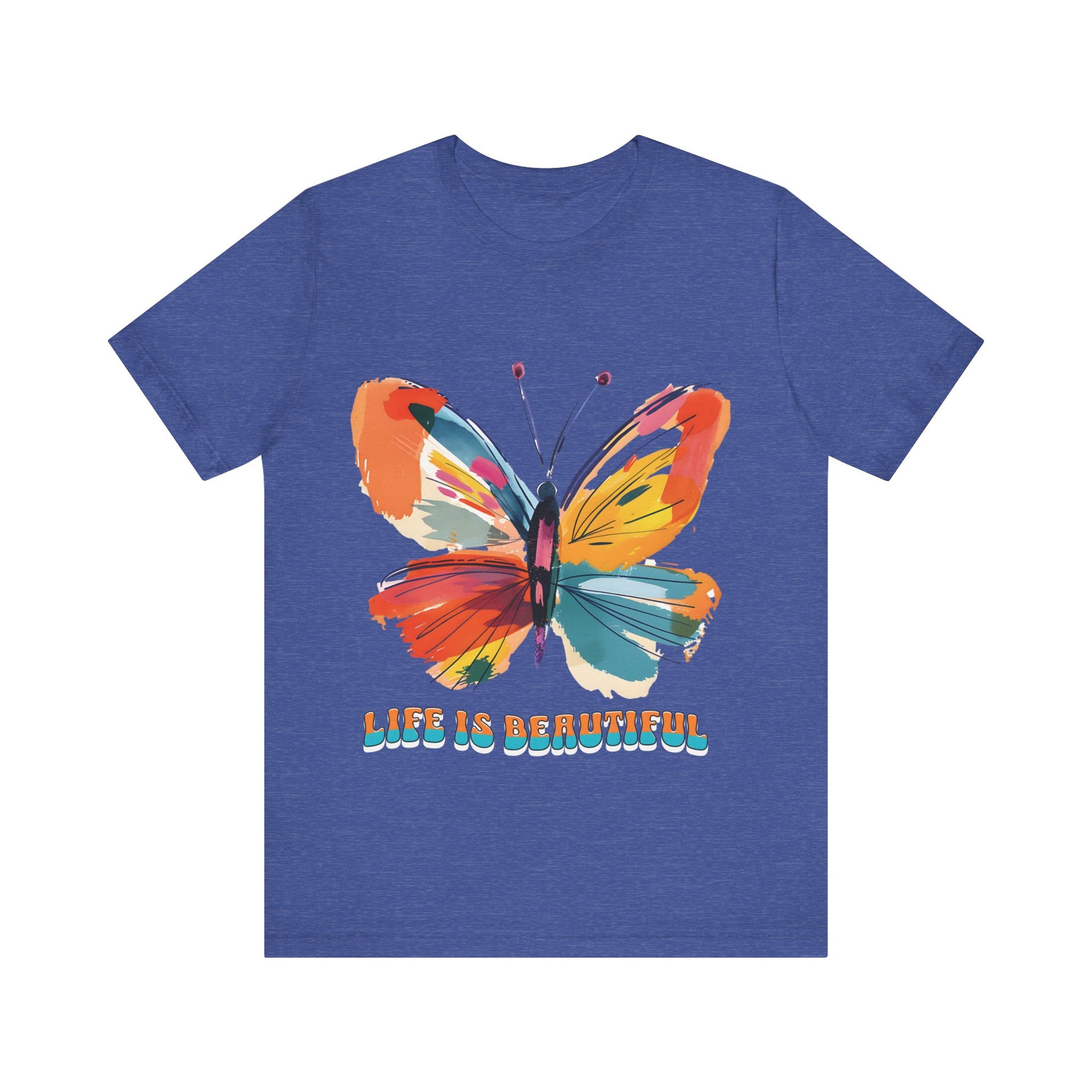 Colorful cartoon-style butterfly with vibrant wings and the text 'Life is Beautiful' designed for t-shirts in colors including Aqua, Athletic Heather, Berry, Black, Dark Grey Heather, Heather Red, Heather Team Purple, Heather True Royal, White, and Charity Pink