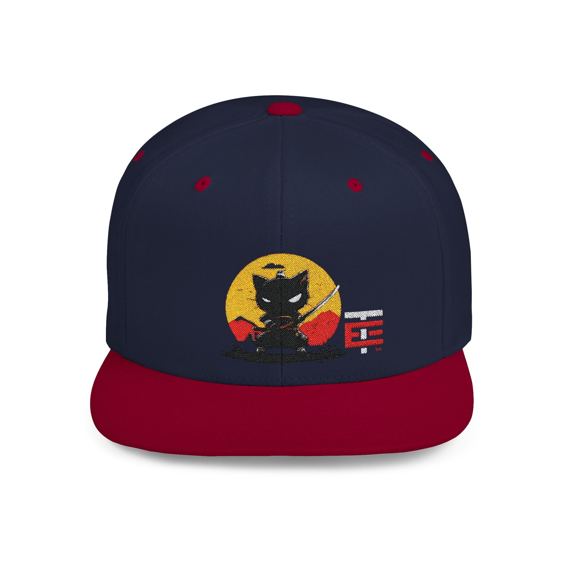 El Temach Gorras Black and red flat bill snapback with embroidered samurai logo against a yellow circular background