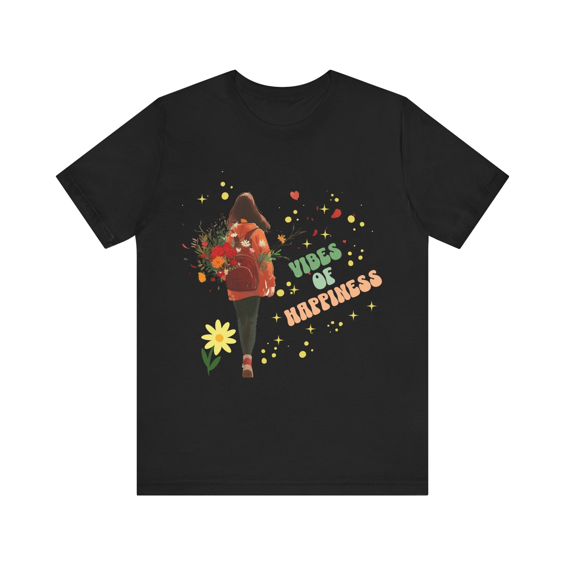 Boho-style image of a girl walking backwards with a red backpack, surrounded by flowers and sparkles, with the text "Vibes of Happiness." This vibrant design is perfect for t-shirts available in colors Athletic Heather, Berry, Black, Dark Grey Heather, Heather Red, Heather Team Purple, Heather True Royal, Navy, Turquoise, White, and Charity Pink.