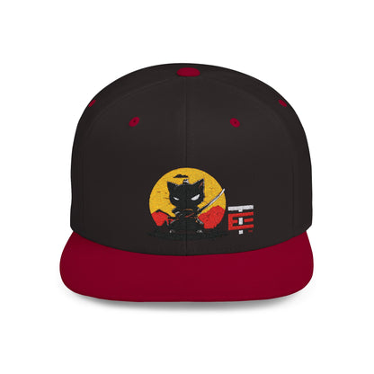 El Temach Gorras Black and red flat bill snapback with embroidered samurai logo against a yellow circular background