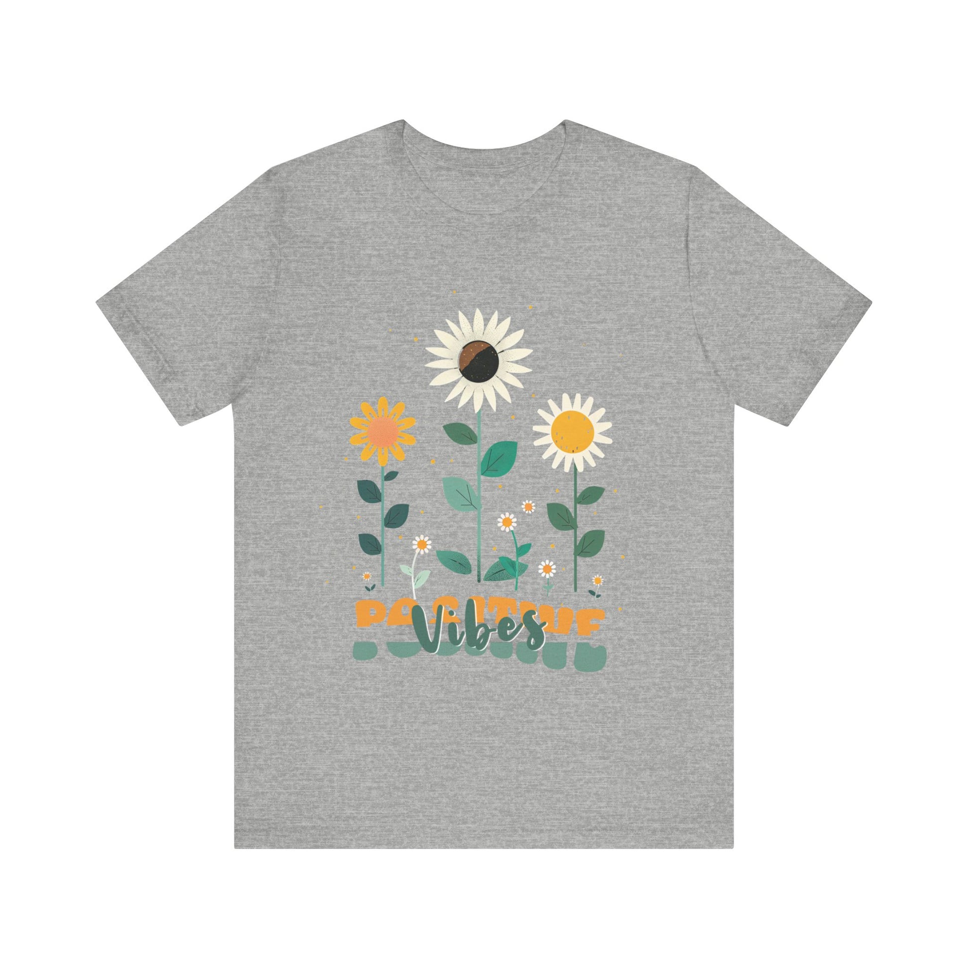 Colorful floral illustration with 'Positive Vibes' - featuring a trio of vibrant flowers, including a sunflower-like bloom with white petals, an orange flower with simple petals, and a yellow flower with round petals, all set against a light backdrop adorned with whimsical dots and the uplifting phrase 'Positive Vibes' in playful orange font, Aqua, Athletic Heather, Berry, Black, Dark Grey, Dark, Grey, Heather, Heather Kelly, Heather Red, Heather Team, Purple, Navy, Pink, Ash, Heather, Aqua, Charity Pink