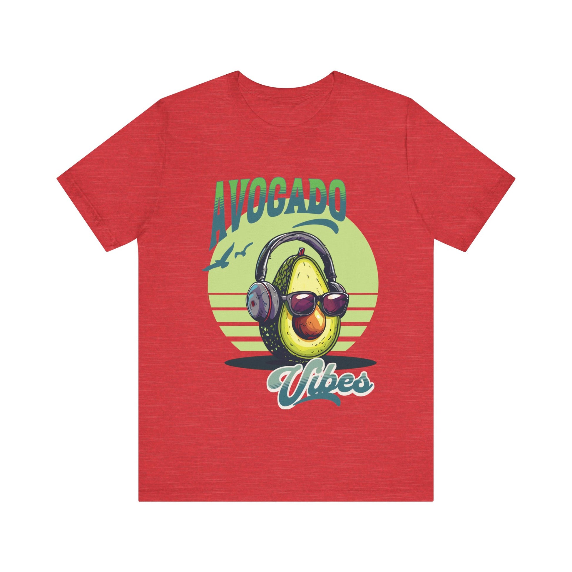 Avocado with headphones and glasses design on Bella Canvas 3001 T-shirt available in Aqua, Athletic Heather, Berry, Black, Dark Grey Heather, Heather Kelly, Heather Navy, Heather Red, Heather Team Purple, Navy, True Royal, White, Heather Aqua.