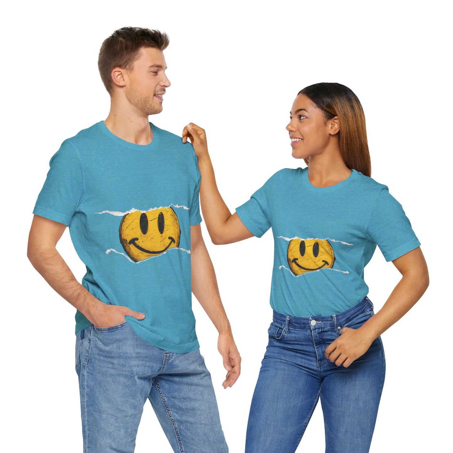 Vintage distressed yellow smiley face printed on a 100% cotton T-shirt, canvas 3001, known for its fresh and comfortable feel. This classic smiley design is available on T-shirts in the following colors: Aqua, Athletic Heather, Berry, Black, Dark Gray Heather, Heather Kelly, Heather Team Purple, Navy, and Heather Aqua.