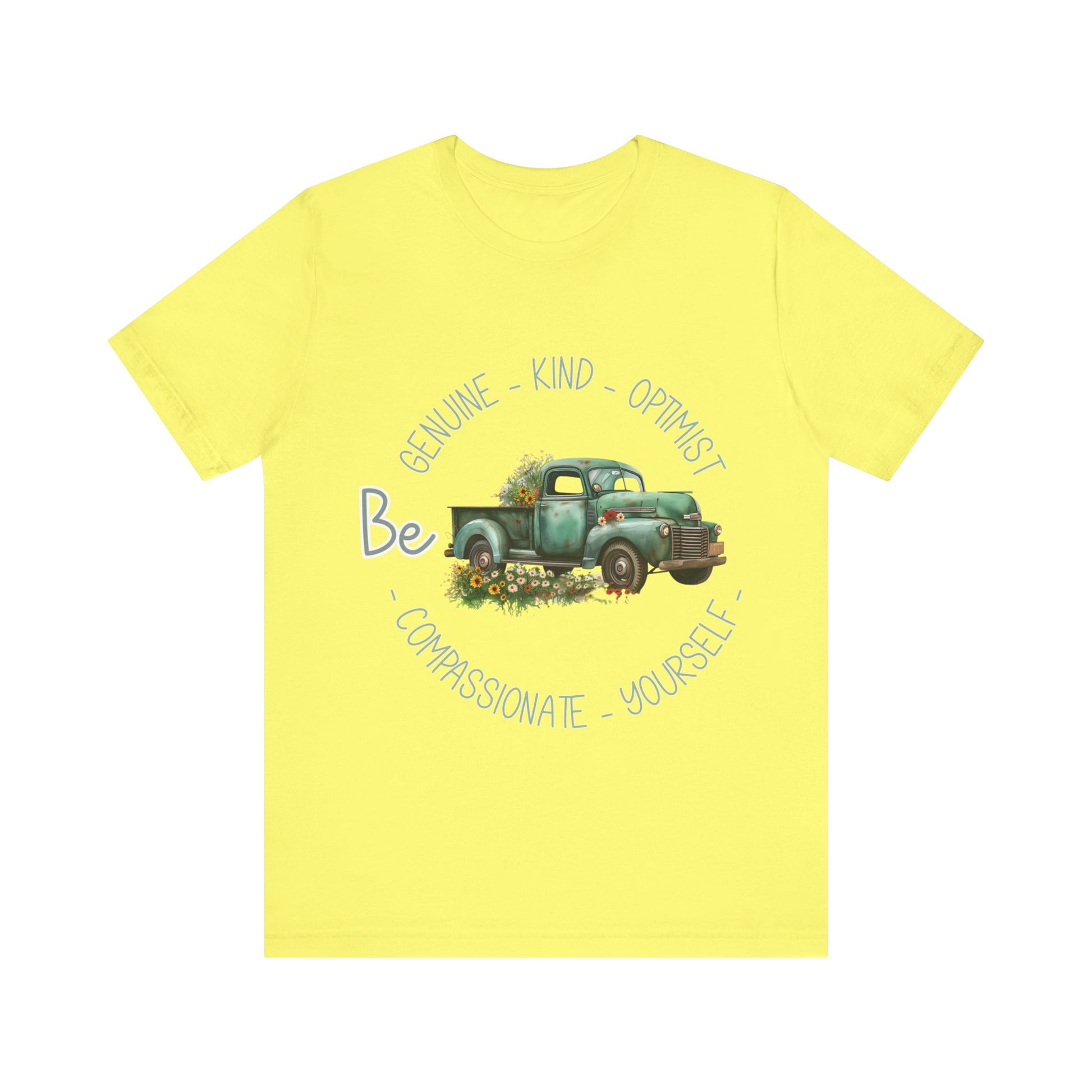 "Vintage green truck with floral decoration and inspirational words - featuring a classic old truck adorned with vibrant flowers on the sides, surrounded by the words 'Be genuine, bold, optimist, compassionate, kind, yourself', set in a beautiful context that promotes positivity and authenticity, color Aqua Athletic Heather Black Dark Grey Heather Heather Kelly Heather Navy Heather Red Heather True Royal Kelly Pink White Yellow Heather Aqua Heather Ice Blue Heather Mauve Charity Pink"