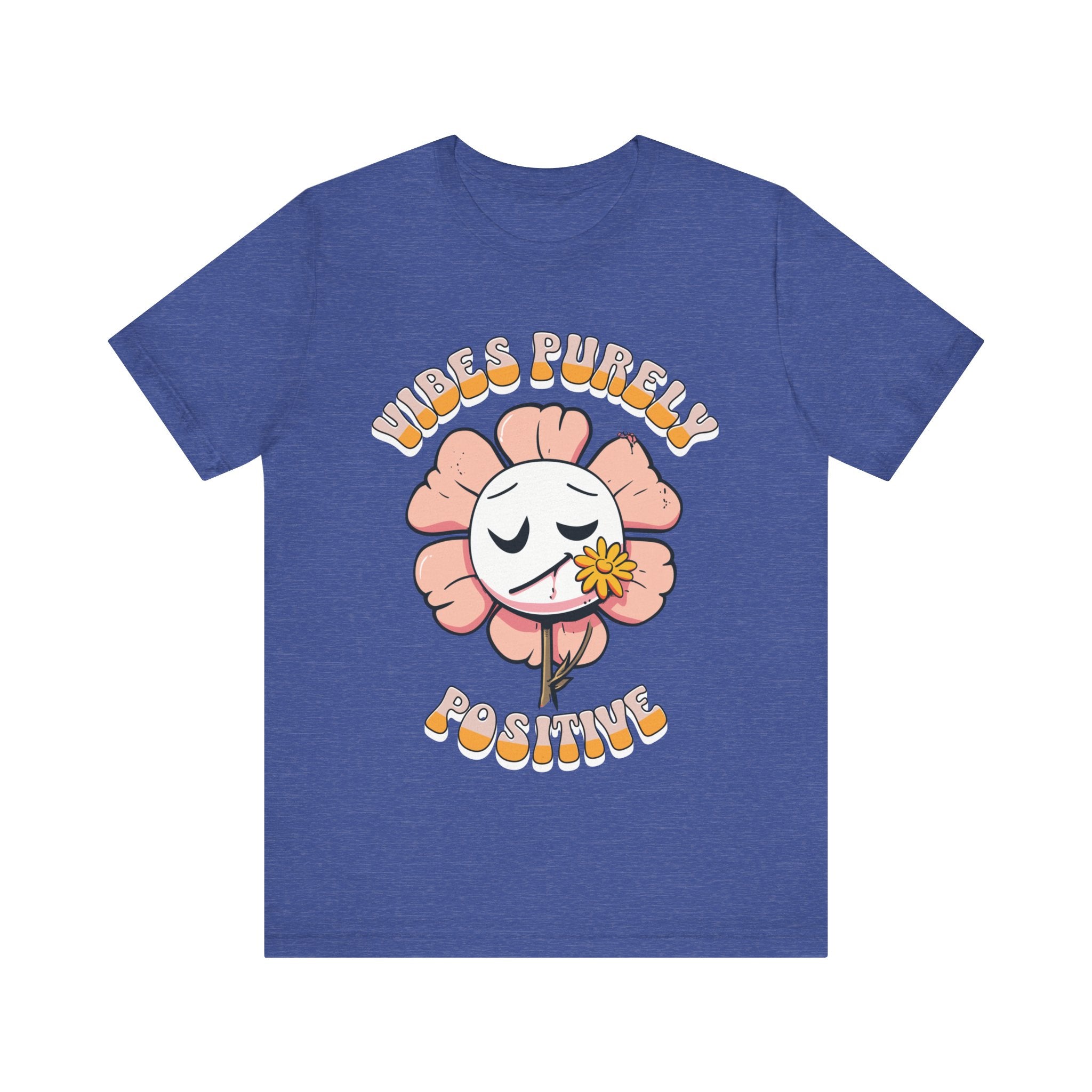 Cute pink flower with a smiling face and a yellow flower in its mouth, accompanied by the text "Vibes Purely Positive." This cheerful design is perfect for t-shirts available in colors Aqua, Berry, Black, Dark Gray, Heather Kelly, Heather Team Purple, Heather True Royal, Navy, White, and Charity Pink.