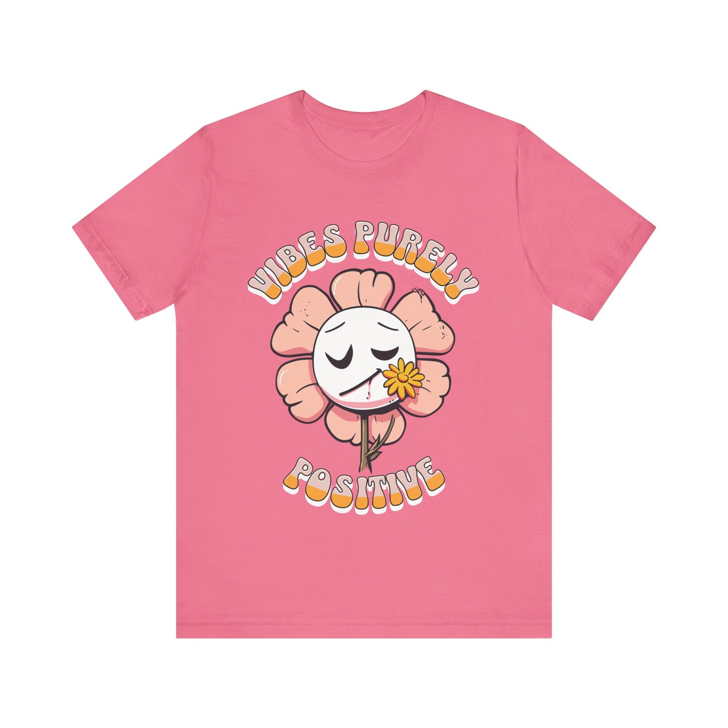 Cute pink flower with a smiling face and a yellow flower in its mouth, accompanied by the text "Vibes Purely Positive." This cheerful design is perfect for t-shirts available in colors Aqua, Berry, Black, Dark Gray, Heather Kelly, Heather Team Purple, Heather True Royal, Navy, White, and Charity Pink.