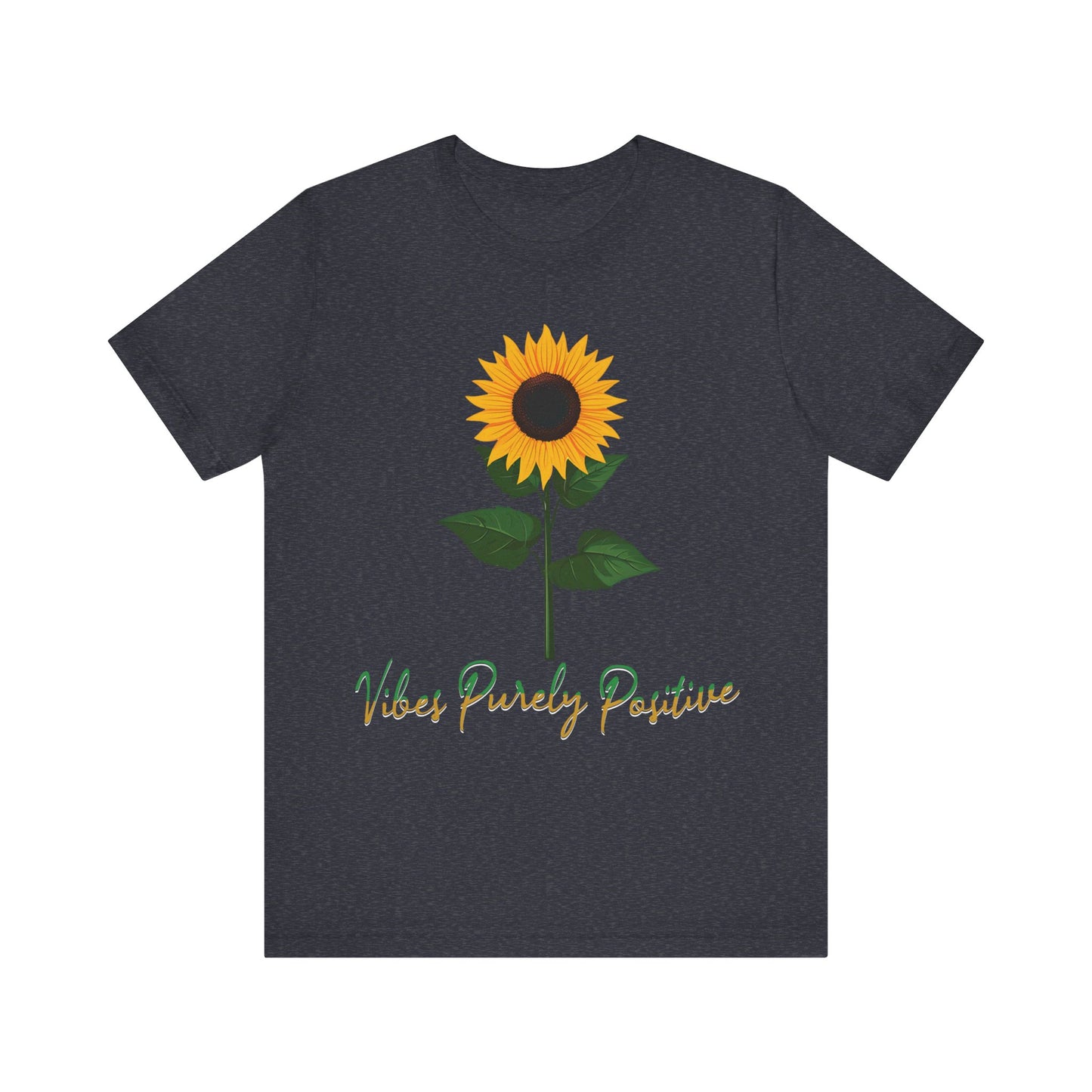 Sunflower illustration with 'Vibes Purely Positive' phrase - a vibrant sunflower with yellow petals and dark brown center, green leaves on a stem, conveying a positive message printed in t-shirts of different colors like "Army Athletic Heather Berry Black Heather Navy Heather Team Purple Navy White Ash Heather Aqua"