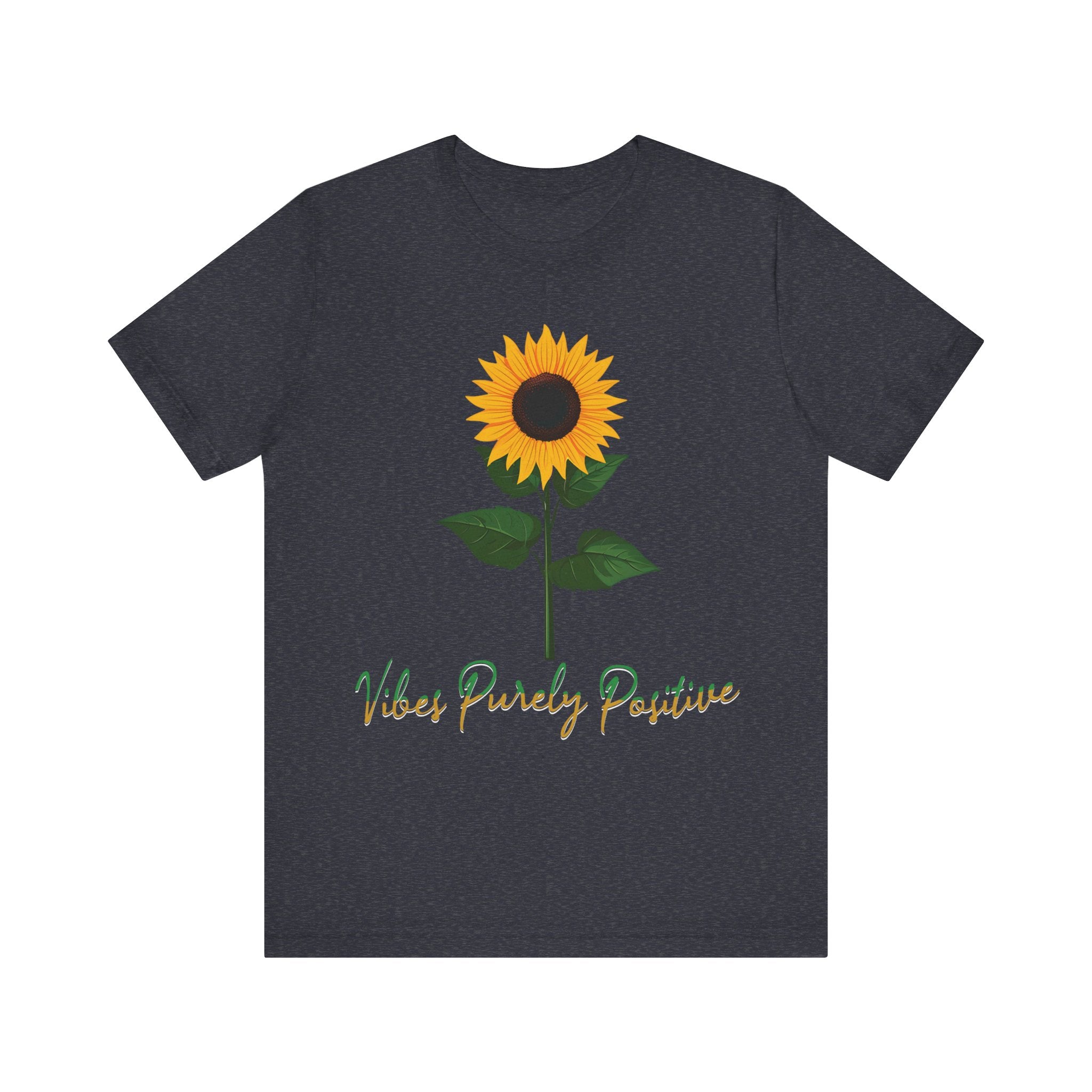 Sunflower illustration with 'Vibes Purely Positive' phrase - a vibrant sunflower with yellow petals and dark brown center, green leaves on a stem, conveying a positive message printed in t-shirts of different colors like "Army Athletic Heather Berry Black Heather Navy Heather Team Purple Navy White Ash Heather Aqua"