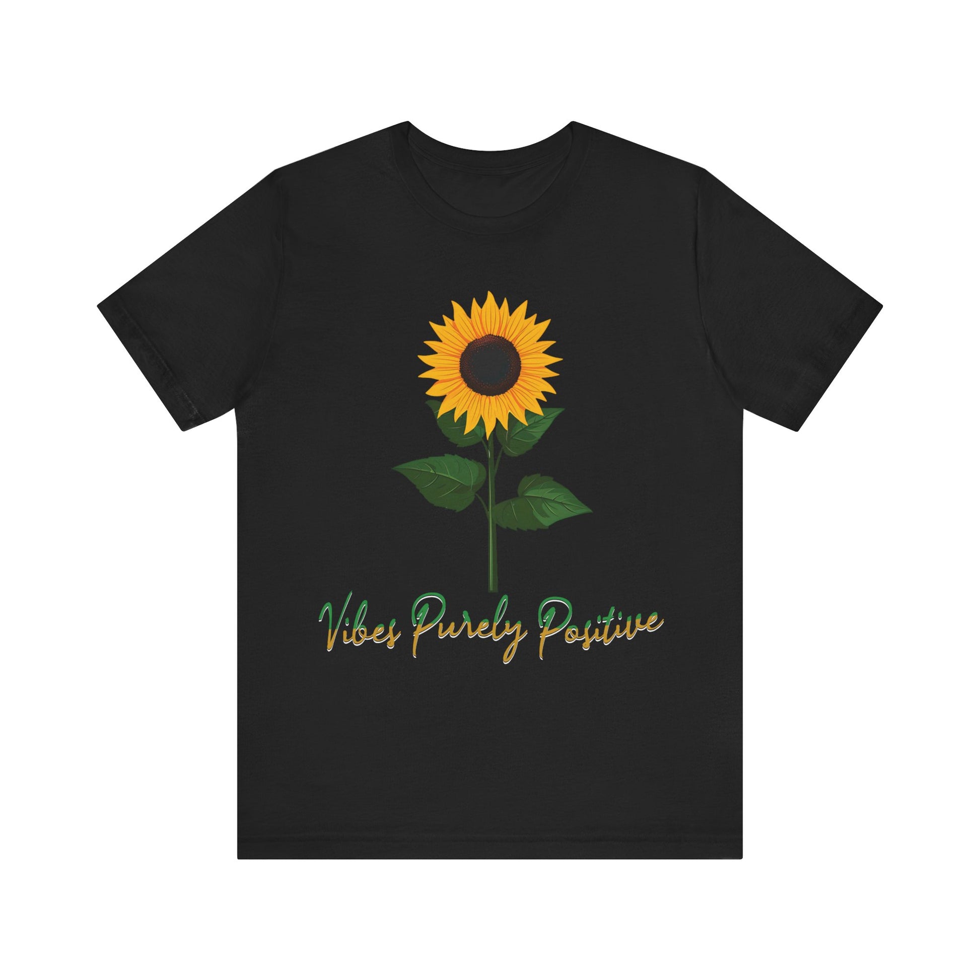 Sunflower illustration with 'Vibes Purely Positive' phrase - a vibrant sunflower with yellow petals and dark brown center, green leaves on a stem, conveying a positive message printed in t-shirts of different colors like "Army Athletic Heather Berry Black Heather Navy Heather Team Purple Navy White Ash Heather Aqua"