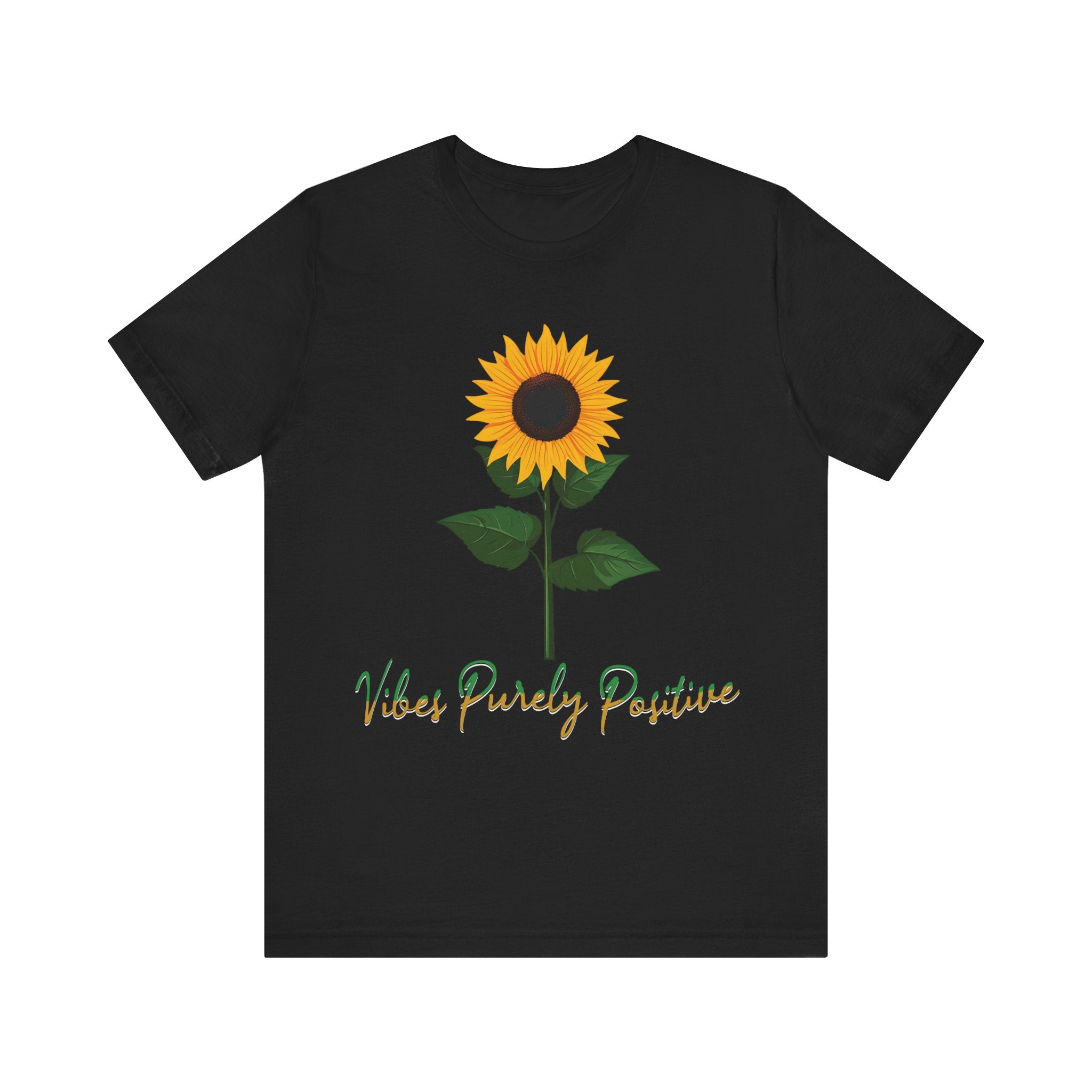 Sunflower illustration with 'Vibes Purely Positive' phrase - a vibrant sunflower with yellow petals and dark brown center, green leaves on a stem, conveying a positive message printed in t-shirts of different colors like "Army Athletic Heather Berry Black Heather Navy Heather Team Purple Navy White Ash Heather Aqua"