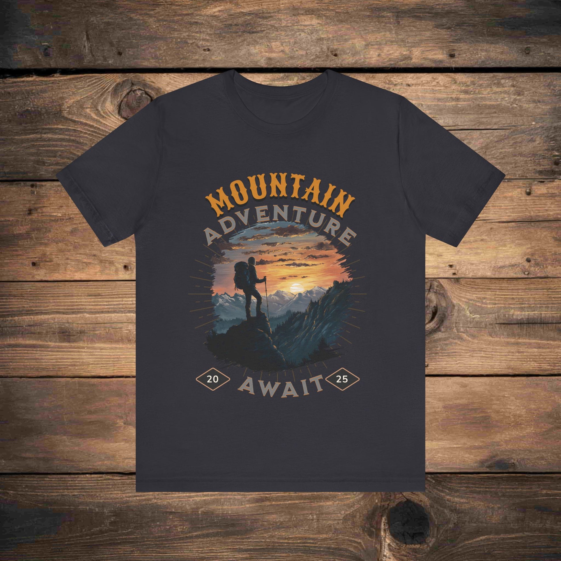 Adventure graphic tee in Asphalt  with a detailed mountain sunset illustration, ideal for outdoor enthusiasts