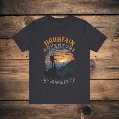 Adventure graphic tee in Asphalt  with a detailed mountain sunset illustration, ideal for outdoor enthusiasts