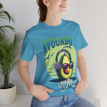 Avocado with headphones and glasses design on Bella Canvas 3001 T-shirt available in Aqua, Athletic Heather, Berry, Black, Dark Grey Heather, Heather Kelly, Heather Navy, Heather Red, Heather Team Purple, Navy, True Royal, White, Heather Aqua.