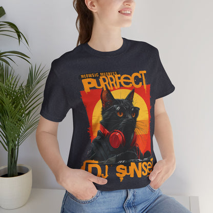 “Turntable Feline: The Sunset DJ Cat – A charismatic black cat dons DJ gear, complete with sunglasses and headphones, set against a vibrant sunset-inspired backdrop, with ‘Meowsic Madness’ and ‘Purrfect’ emblazoned above, capturing the essence of a purrfectly orchestrated music event printed in different t-shirts colors like Athletic Heather Berry Black Dark Grey Heather Heather Navy Navy Ash.” 