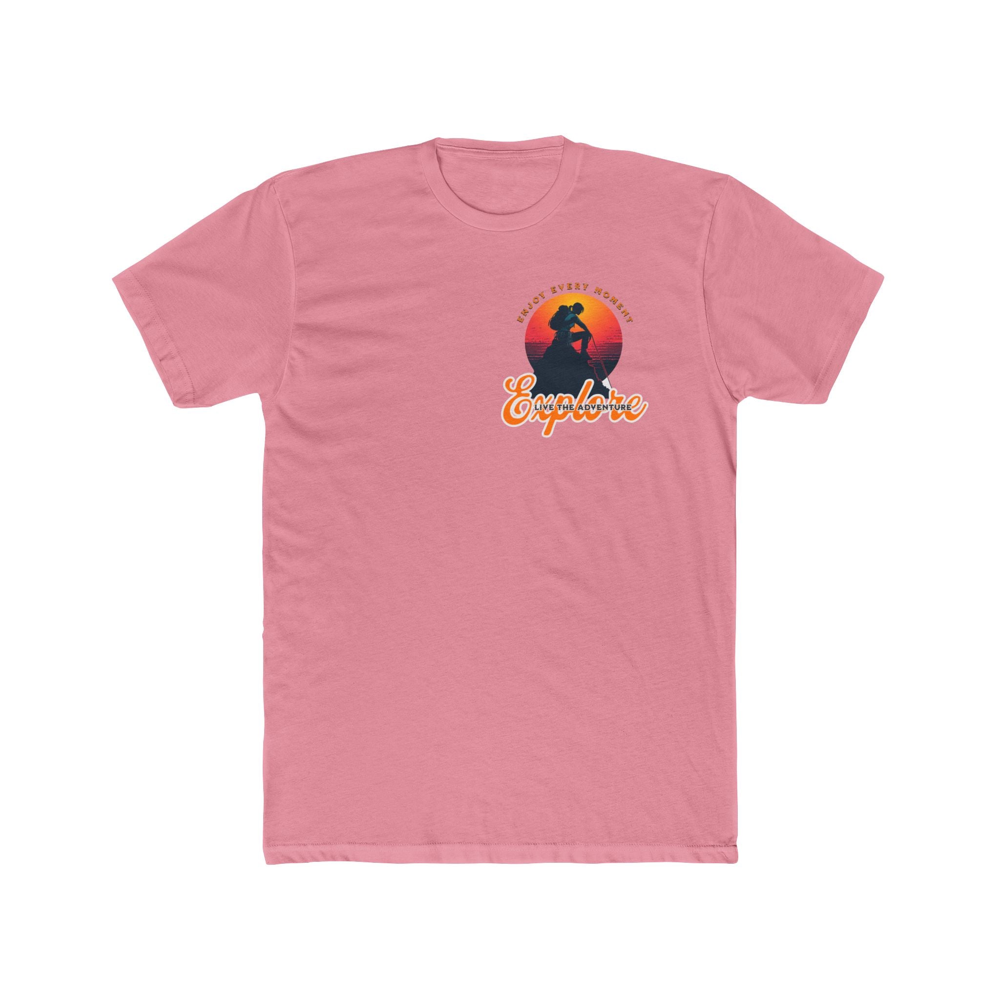 Adventure-themed t-shirt with a climber and sunset mountain design in soft, breathable cotton for everyday use. pink Color