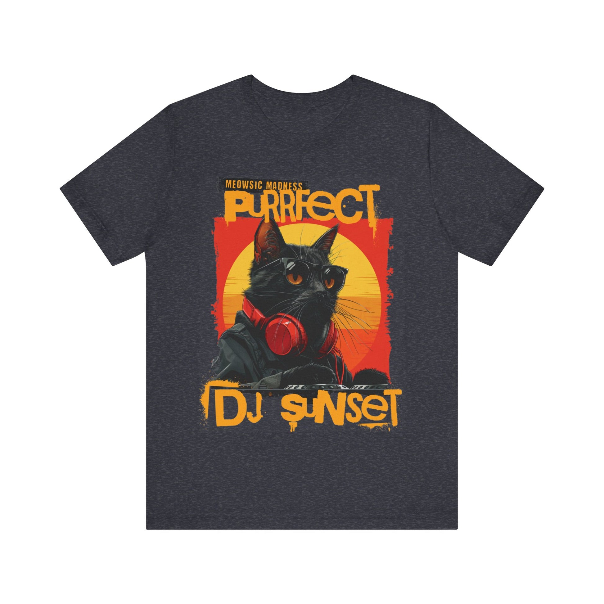 “Turntable Feline: The Sunset DJ Cat – A charismatic black cat dons DJ gear, complete with sunglasses and headphones, set against a vibrant sunset-inspired backdrop, with ‘Meowsic Madness’ and ‘Purrfect’ emblazoned above, capturing the essence of a purrfectly orchestrated music event printed in different t-shirts colors like Athletic Heather Berry Black Dark Grey Heather Heather Navy Navy Ash.” 