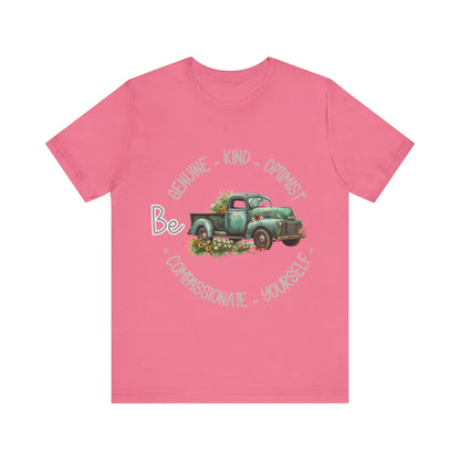 "Vintage green truck with floral decoration and inspirational words - featuring a classic old truck adorned with vibrant flowers on the sides, surrounded by the words 'Be genuine, bold, optimist, compassionate, kind, yourself', set in a beautiful context that promotes positivity and authenticity, color Aqua Athletic Heather Black Dark Grey Heather Heather Kelly Heather Navy Heather Red Heather True Royal Kelly Pink White Yellow Heather Aqua Heather Ice Blue Heather Mauve Charity Pink"