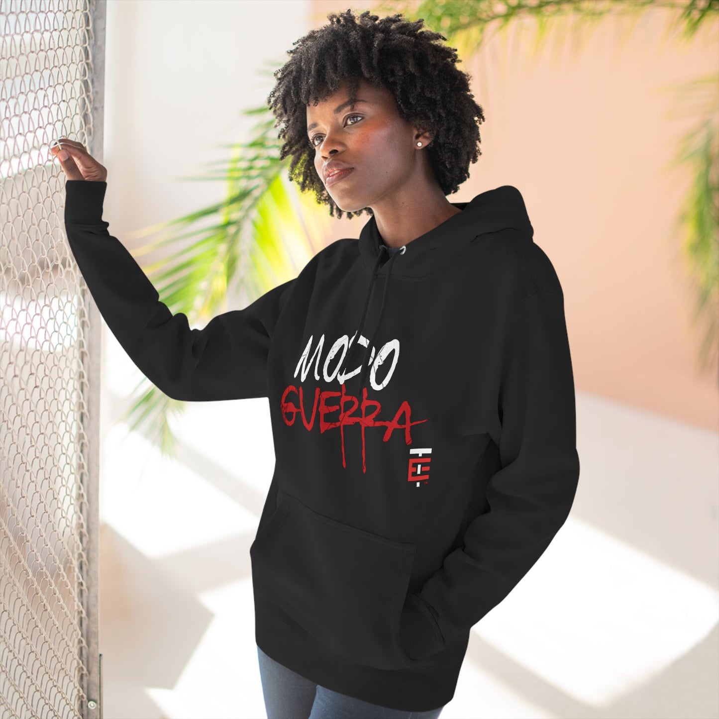 El Temach Hoodie, featuring bold red and white 'Modo Guerra' graphic with a cozy fleece lining. Sweater, Buzo. USA