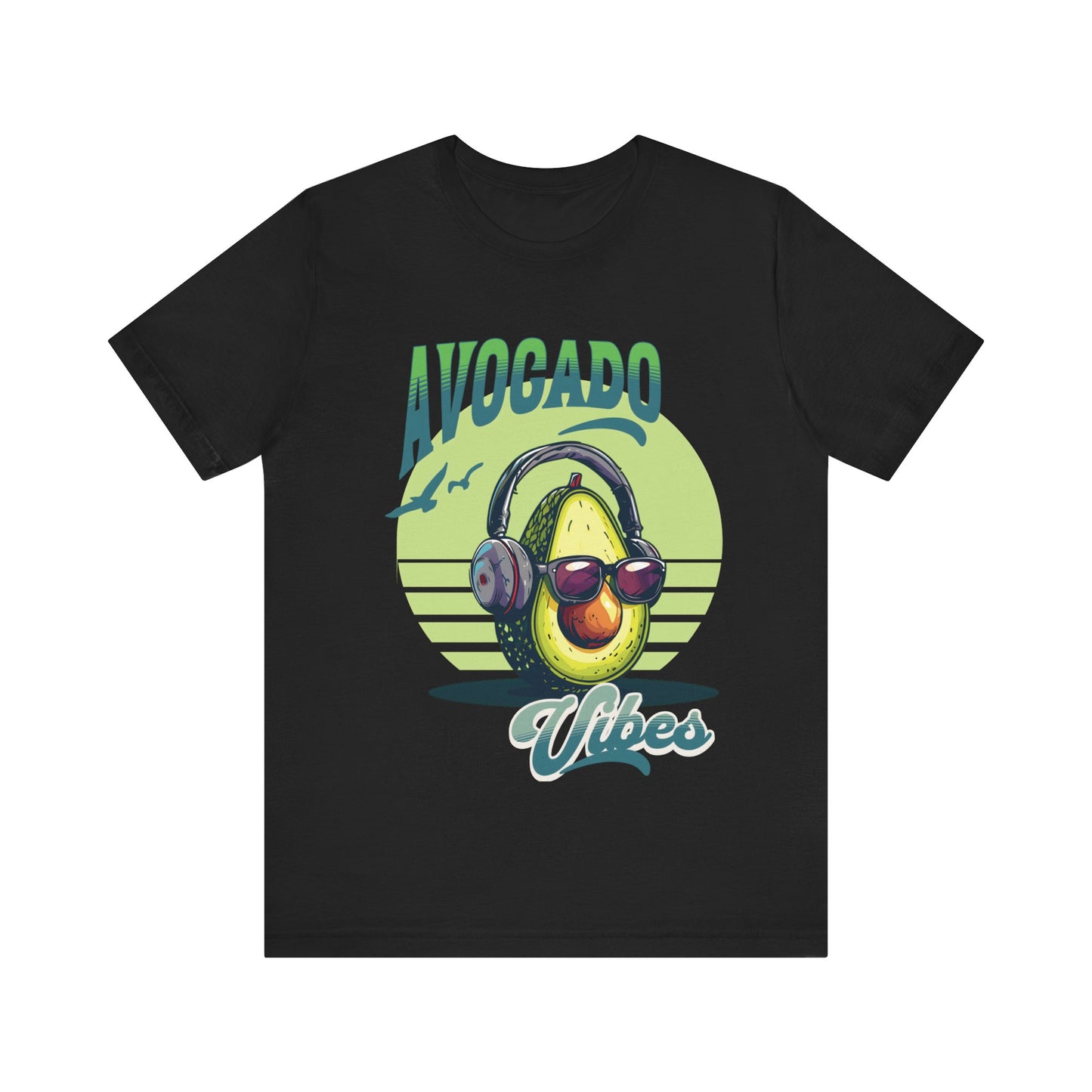 Avocado with headphones and glasses design on Bella Canvas 3001 T-shirt available in Aqua, Athletic Heather, Berry, Black, Dark Grey Heather, Heather Kelly, Heather Navy, Heather Red, Heather Team Purple, Navy, True Royal, White, Heather Aqua.