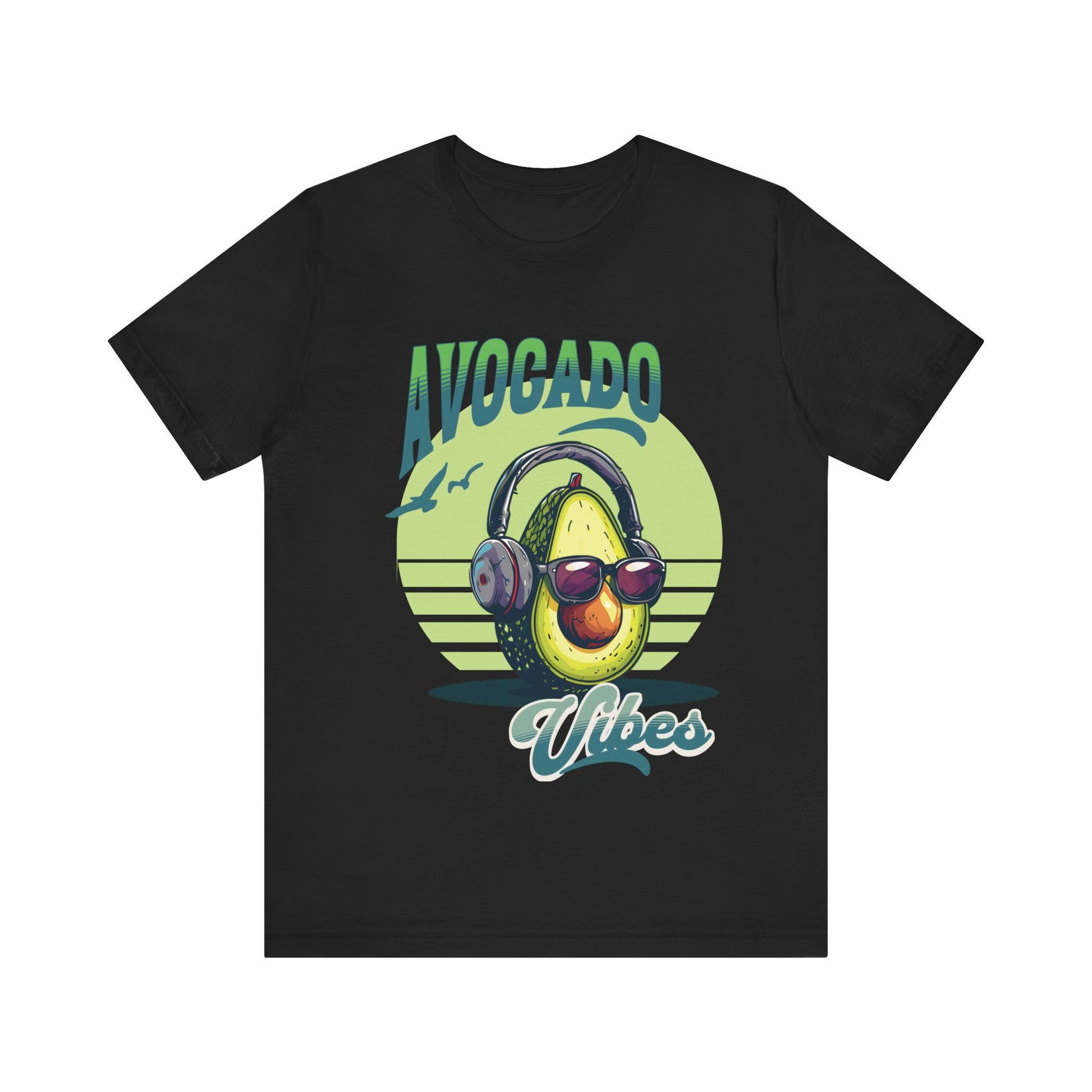 Avocado with headphones and glasses design on Bella Canvas 3001 T-shirt available in Aqua, Athletic Heather, Berry, Black, Dark Grey Heather, Heather Kelly, Heather Navy, Heather Red, Heather Team Purple, Navy, True Royal, White, Heather Aqua.