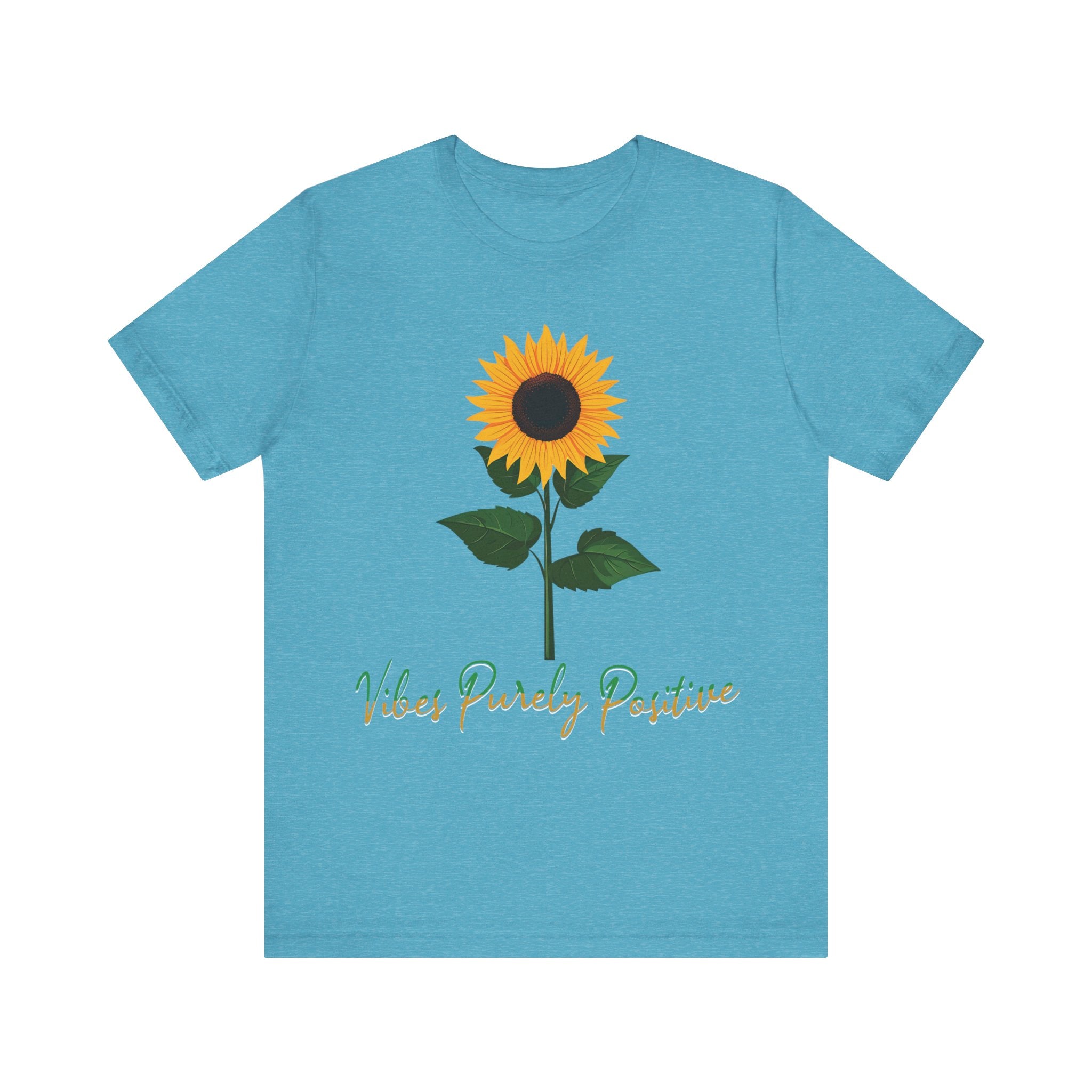 Sunflower illustration with 'Vibes Purely Positive' phrase - a vibrant sunflower with yellow petals and dark brown center, green leaves on a stem, conveying a positive message printed in t-shirts of different colors like "Army Athletic Heather Berry Black Heather Navy Heather Team Purple Navy White Ash Heather Aqua"