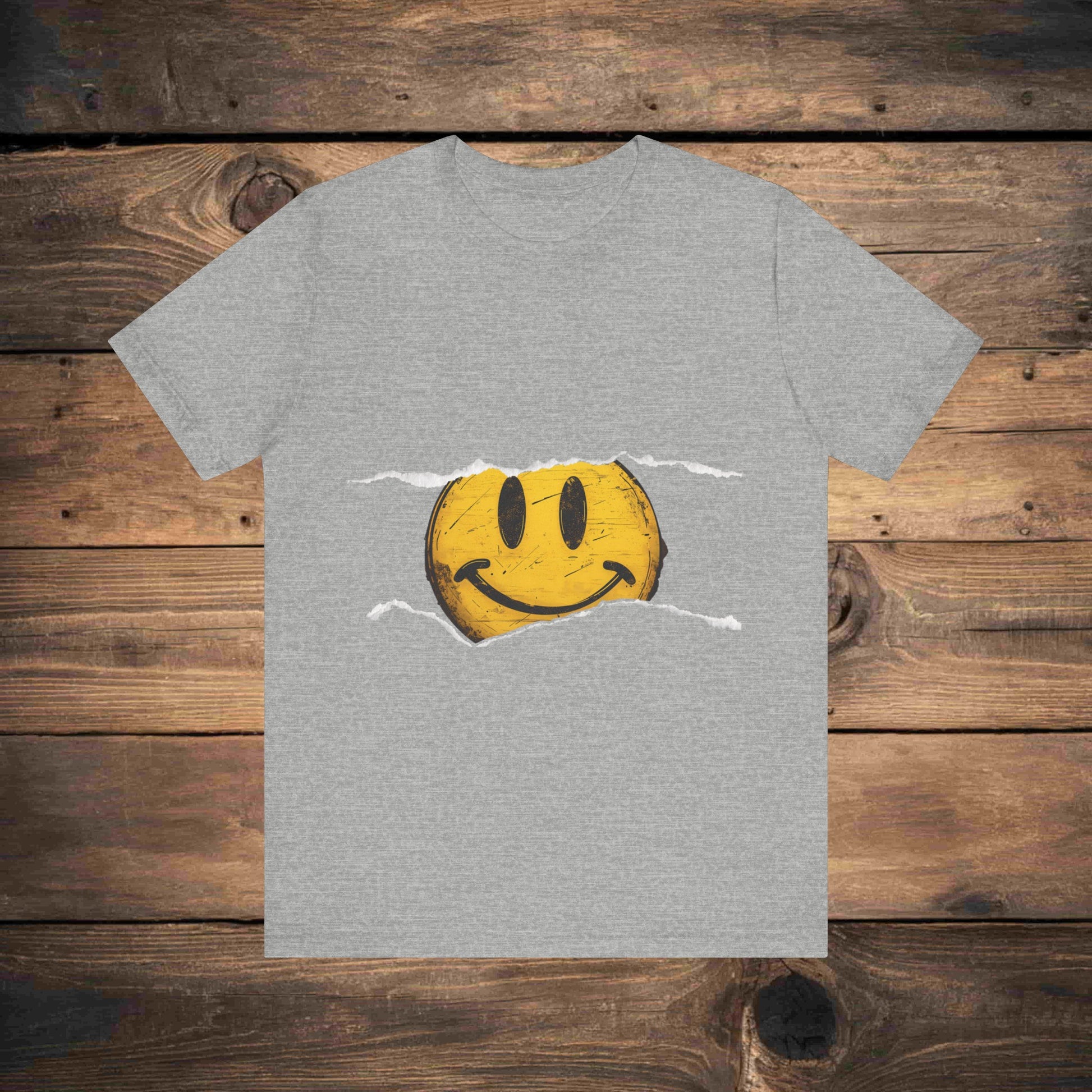 Vintage distressed yellow smiley face printed on a 100% cotton T-shirt, canvas 3001, known for its fresh and comfortable feel. This classic smiley design is available on T-shirts in the following colors: Aqua, Athletic Heather, Berry, Black, Dark Gray Heather, Heather Kelly, Heather Team Purple, Navy, and Heather Aqua.