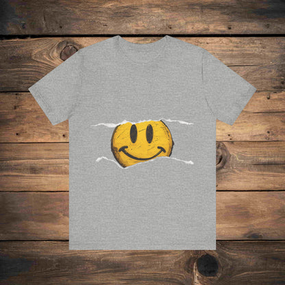 Vintage distressed yellow smiley face printed on a 100% cotton T-shirt, canvas 3001, known for its fresh and comfortable feel. This classic smiley design is available on T-shirts in the following colors: Aqua, Athletic Heather, Berry, Black, Dark Gray Heather, Heather Kelly, Heather Team Purple, Navy, and Heather Aqua.