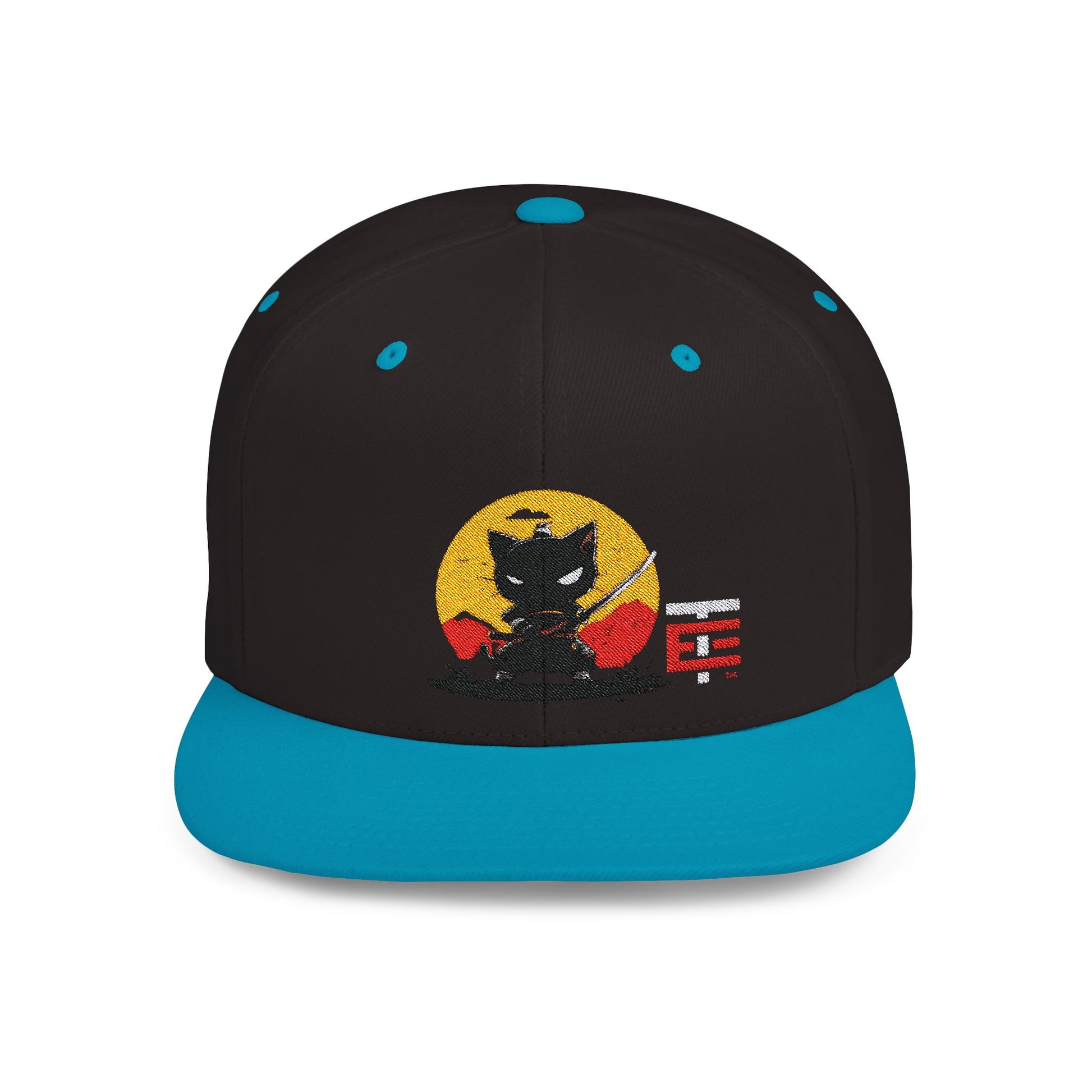 El Temach Gorras Black and red flat bill snapback with embroidered samurai logo against a yellow circular background