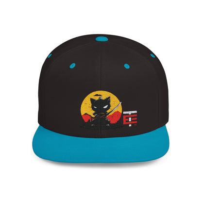 El Temach Gorras Black and red flat bill snapback with embroidered samurai logo against a yellow circular background