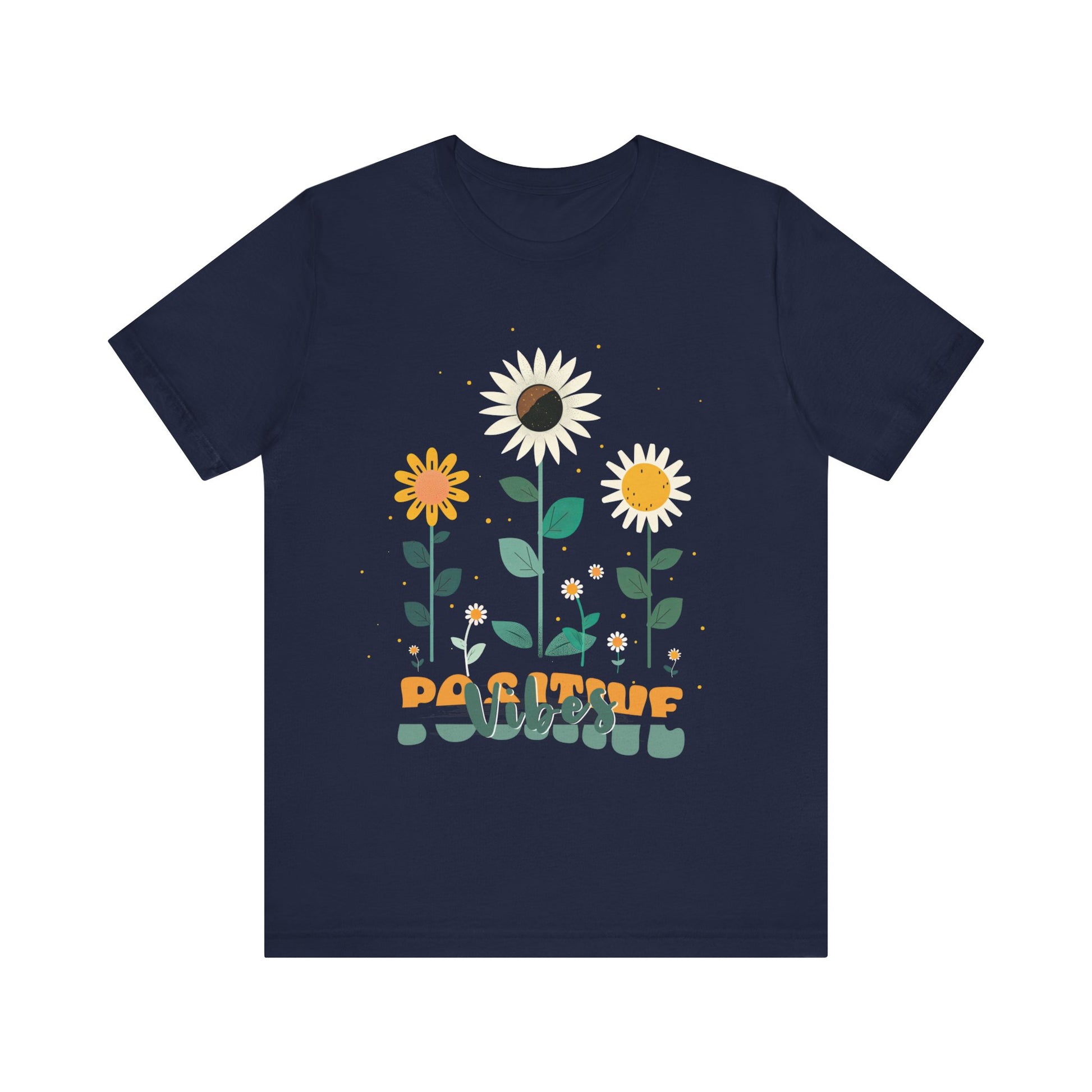 Colorful floral illustration with 'Positive Vibes' - featuring a trio of vibrant flowers, including a sunflower-like bloom with white petals, an orange flower with simple petals, and a yellow flower with round petals, all set against a light backdrop adorned with whimsical dots and the uplifting phrase 'Positive Vibes' in playful orange font, Aqua, Athletic Heather, Berry, Black, Dark Grey, Dark, Grey, Heather, Heather Kelly, Heather Red, Heather Team, Purple, Navy, Pink, Ash, Heather, Aqua, Charity Pink