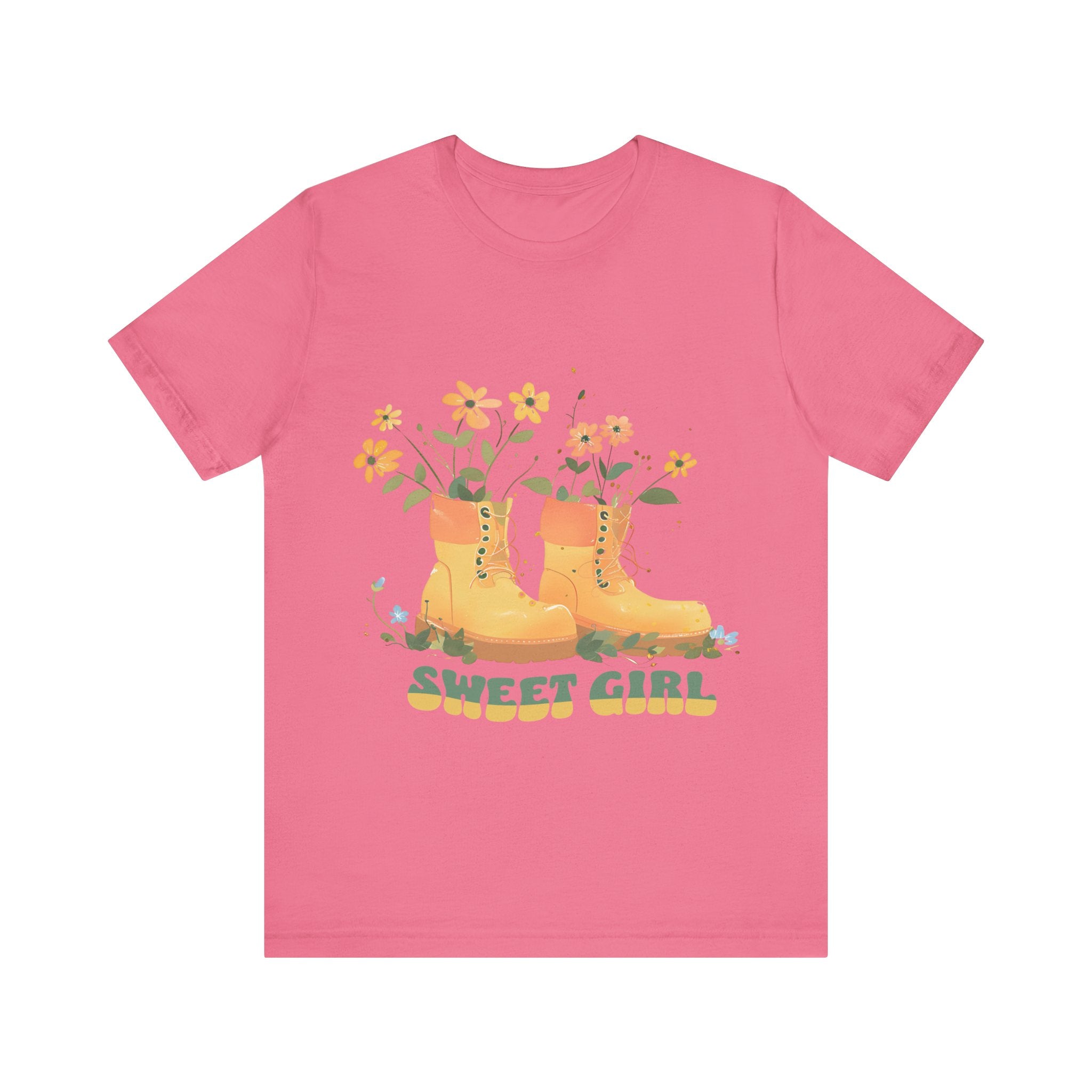 “Chic boho-style boots adorned with floral accents and ‘Sweet Girl’ text, featured on Bella Canvas 3001 t-shirts in a variety of hues Athletic Heather Berry Black Dark Grey Heather Heather Team Purple Navy White Heather Aqua Charity Pink.”