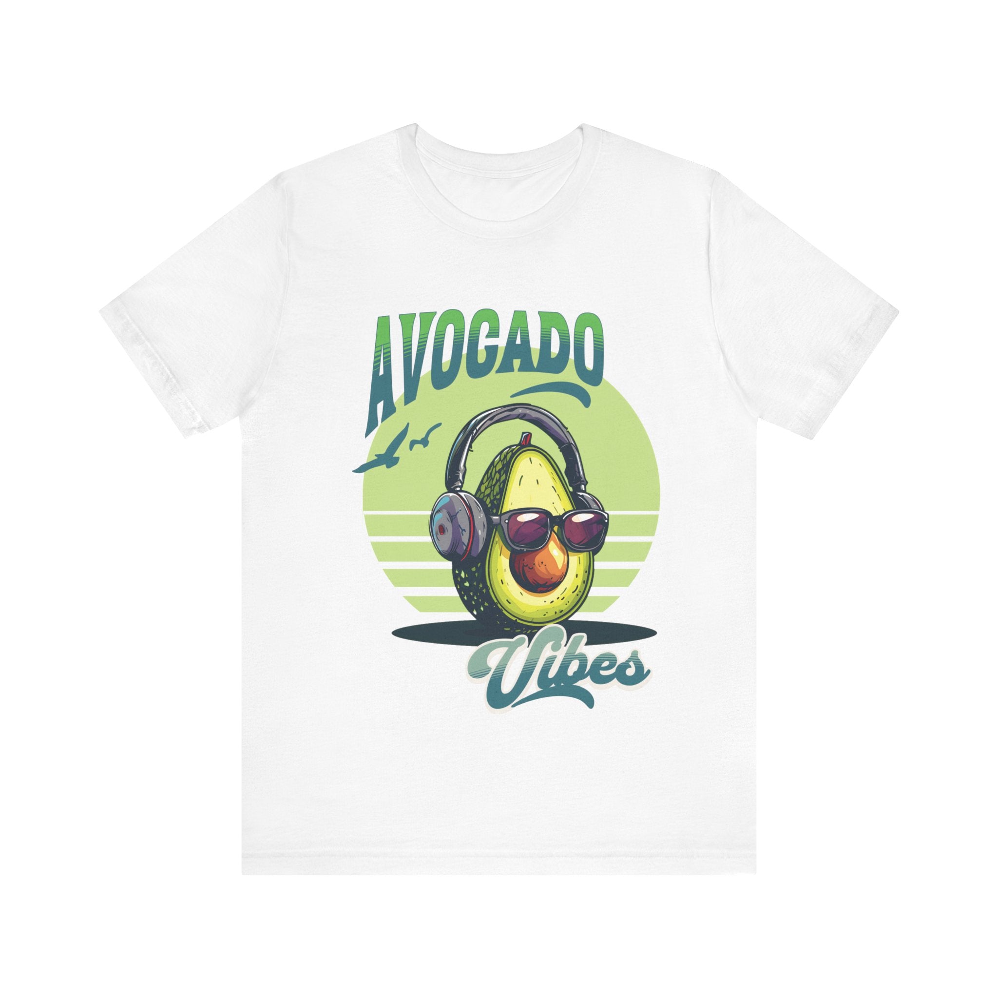 Avocado with headphones and glasses design on Bella Canvas 3001 T-shirt available in Aqua, Athletic Heather, Berry, Black, Dark Grey Heather, Heather Kelly, Heather Navy, Heather Red, Heather Team Purple, Navy, True Royal, White, Heather Aqua.