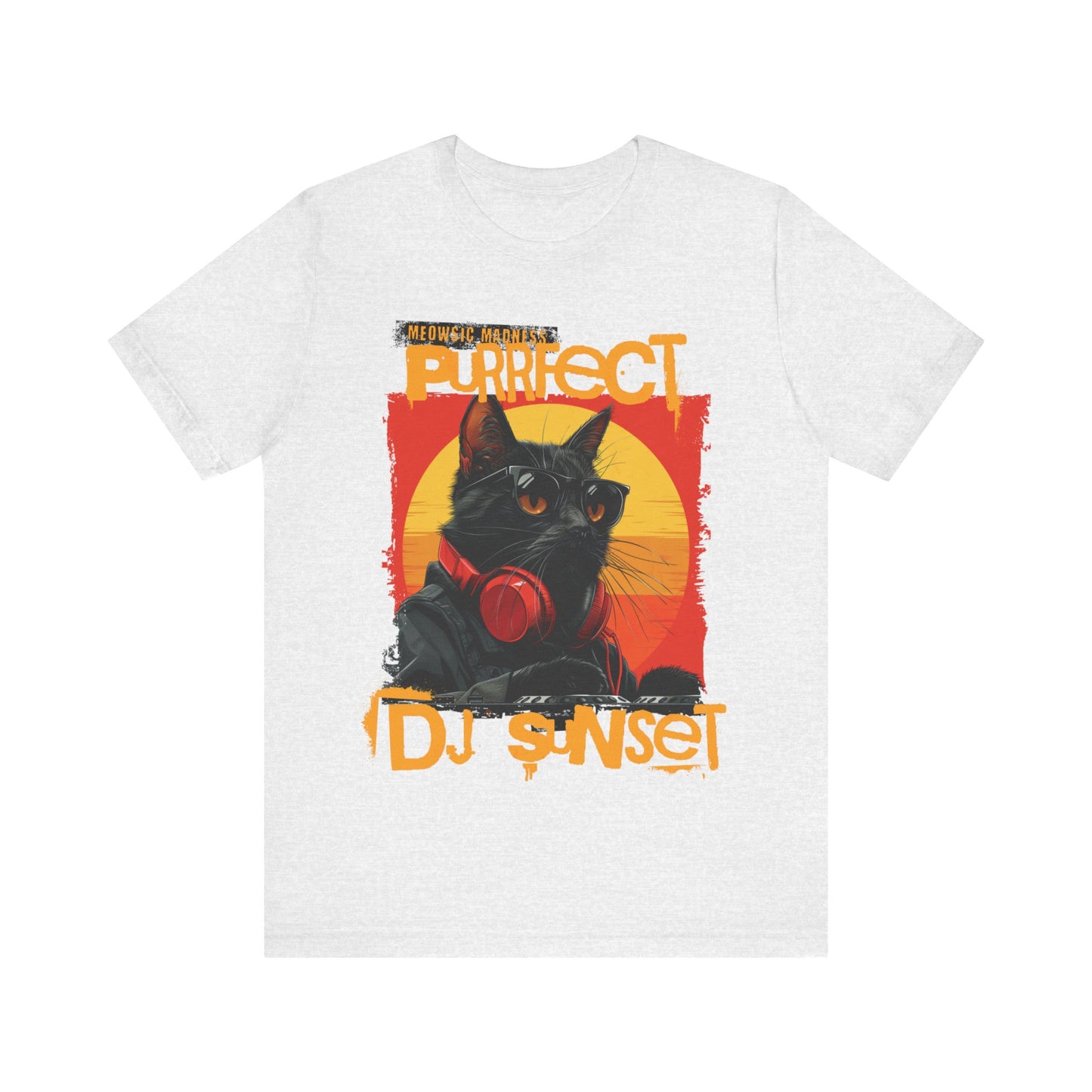 “Turntable Feline: The Sunset DJ Cat – A charismatic black cat dons DJ gear, complete with sunglasses and headphones, set against a vibrant sunset-inspired backdrop, with ‘Meowsic Madness’ and ‘Purrfect’ emblazoned above, capturing the essence of a purrfectly orchestrated music event printed in different t-shirts colors like Athletic Heather Berry Black Dark Grey Heather Heather Navy Navy Ash.” 