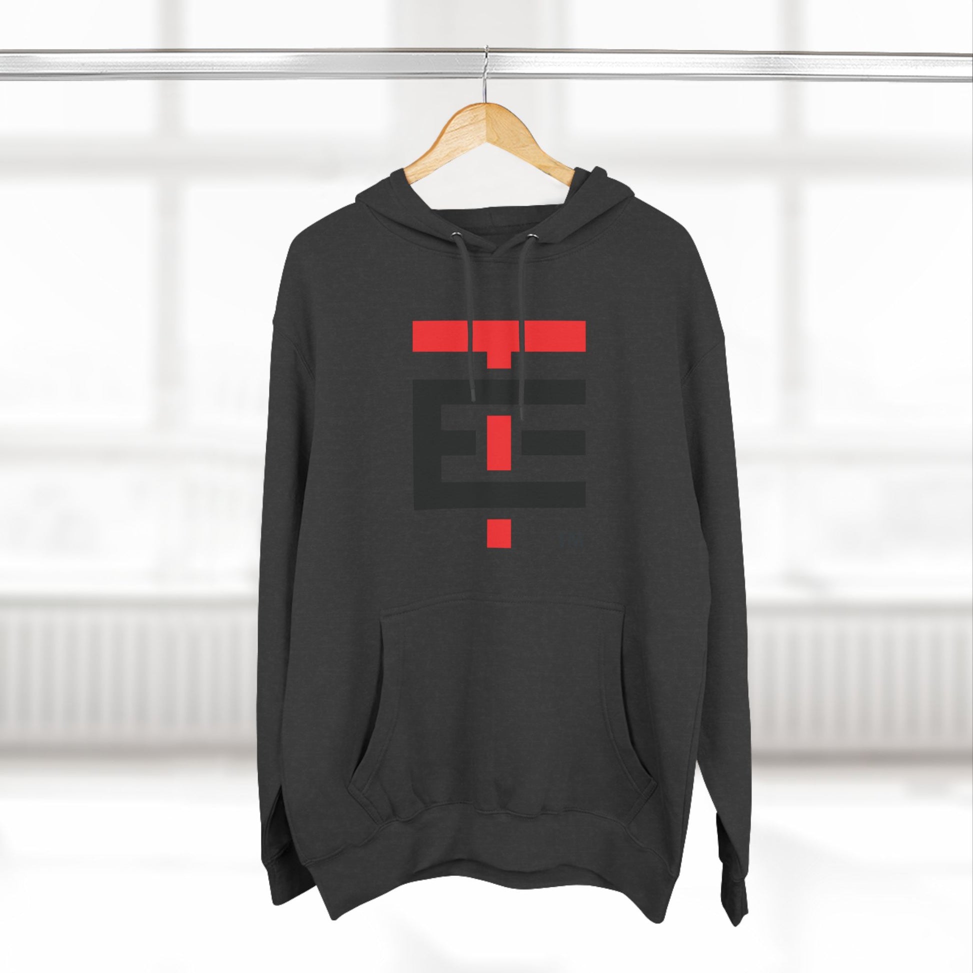 El Temach Hoodies, weaters, buzos, Men's black hoodie with bold red and white graphic logo, fleece-lined for warmth.