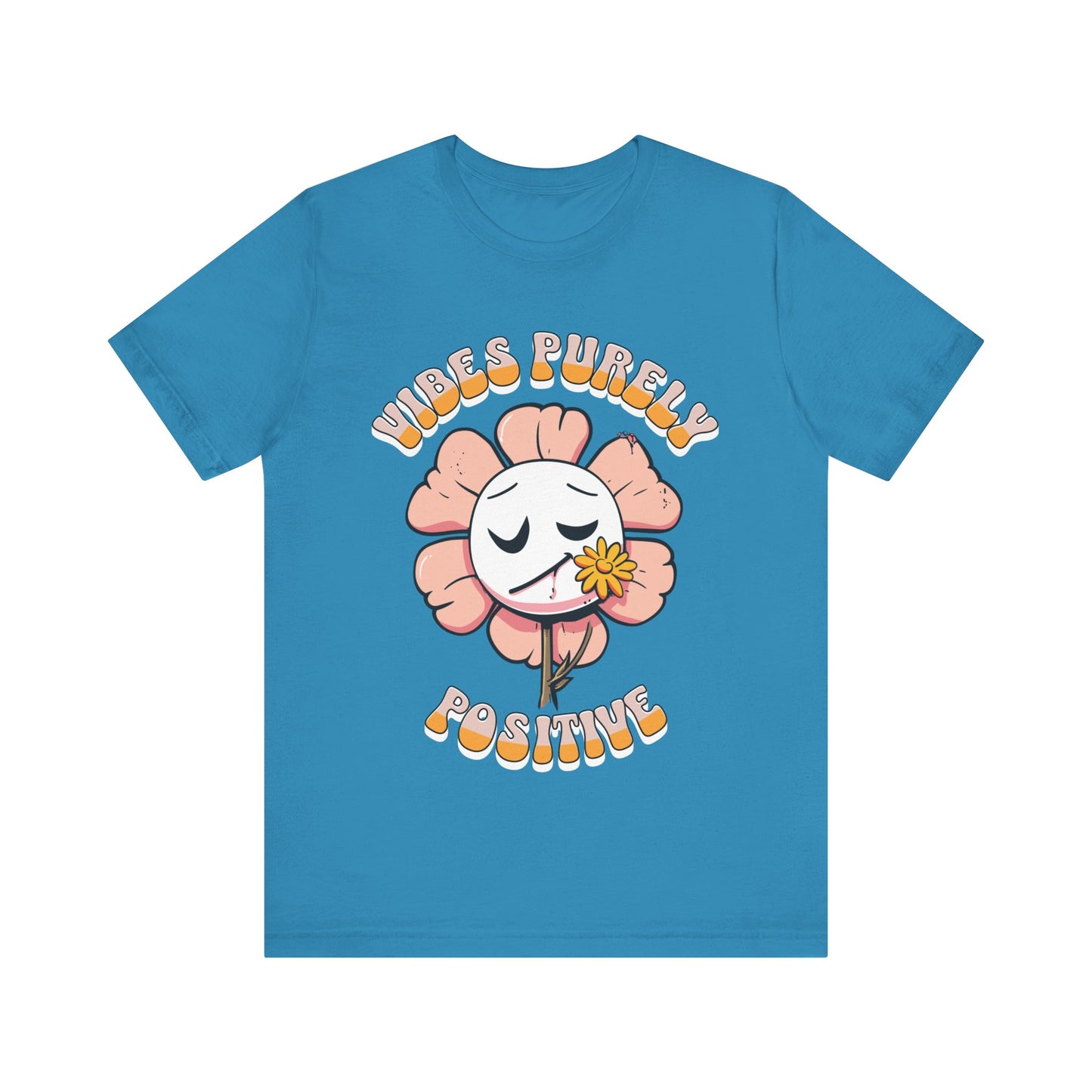 Cute pink flower with a smiling face and a yellow flower in its mouth, accompanied by the text "Vibes Purely Positive." This cheerful design is perfect for t-shirts available in colors Aqua, Berry, Black, Dark Gray, Heather Kelly, Heather Team Purple, Heather True Royal, Navy, White, and Charity Pink.