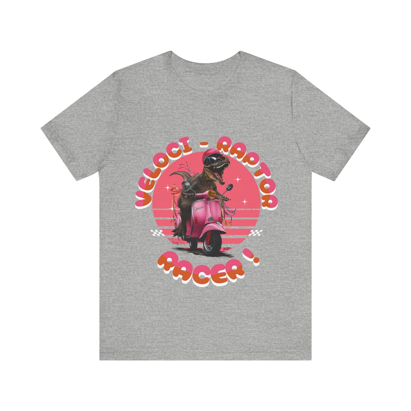 The Design is a Whimsical funny velociraptor riding a pink Vespa scooter with ‘VELOCI-RAPTOR RACER!’ in bold orange-red text on a circular gradient pink, printed in a t-shirt in those colors: Athletic Heather Baby Blue Berry Black Dark Grey Heather Heather Navy Navy Pink Steel Blue White Ash Heather Aqua Charity Pink.