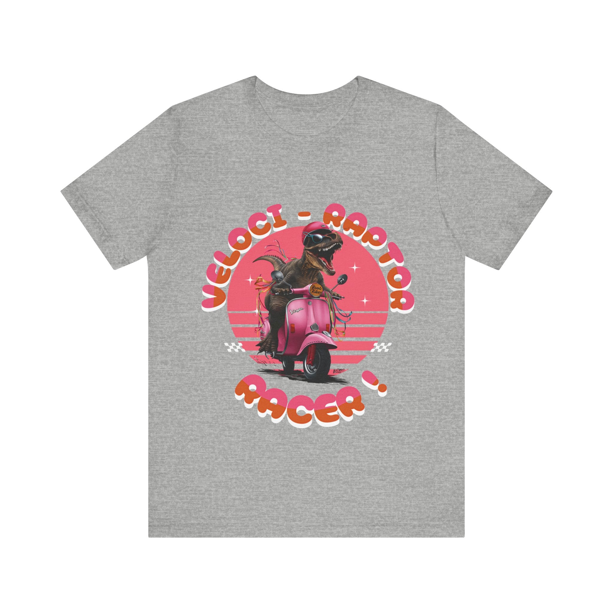 The Design is a Whimsical funny velociraptor riding a pink Vespa scooter with ‘VELOCI-RAPTOR RACER!’ in bold orange-red text on a circular gradient pink, printed in a t-shirt in those colors: Athletic Heather Baby Blue Berry Black Dark Grey Heather Heather Navy Navy Pink Steel Blue White Ash Heather Aqua Charity Pink.