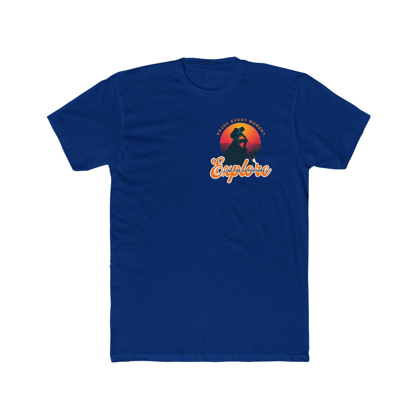 Casual graphic t-shirt showcasing a mountain sunset and adventurer silhouette, perfect for daily comfort. blue Color 