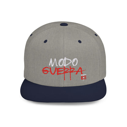 Front view of the Modo Guerra Snapback Cap in navy blue with bold red embroidery By el Temach