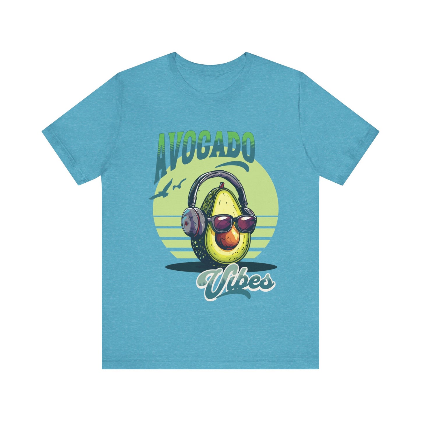 Avocado with headphones and glasses design on Bella Canvas 3001 T-shirt available in Aqua, Athletic Heather, Berry, Black, Dark Grey Heather, Heather Kelly, Heather Navy, Heather Red, Heather Team Purple, Navy, True Royal, White, Heather Aqua.