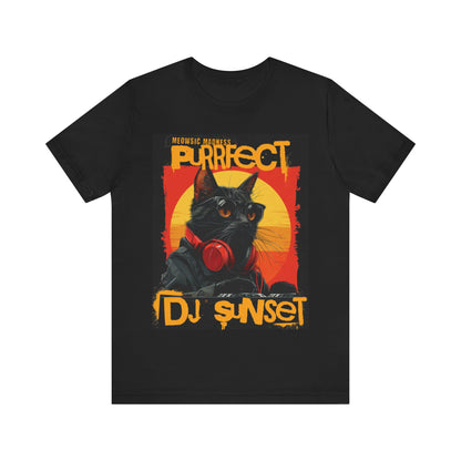 “Turntable Feline: The Sunset DJ Cat – A charismatic black cat dons DJ gear, complete with sunglasses and headphones, set against a vibrant sunset-inspired backdrop, with ‘Meowsic Madness’ and ‘Purrfect’ emblazoned above, capturing the essence of a purrfectly orchestrated music event printed in different t-shirts colors like Athletic Heather Berry Black Dark Grey Heather Heather Navy Navy Ash.” 