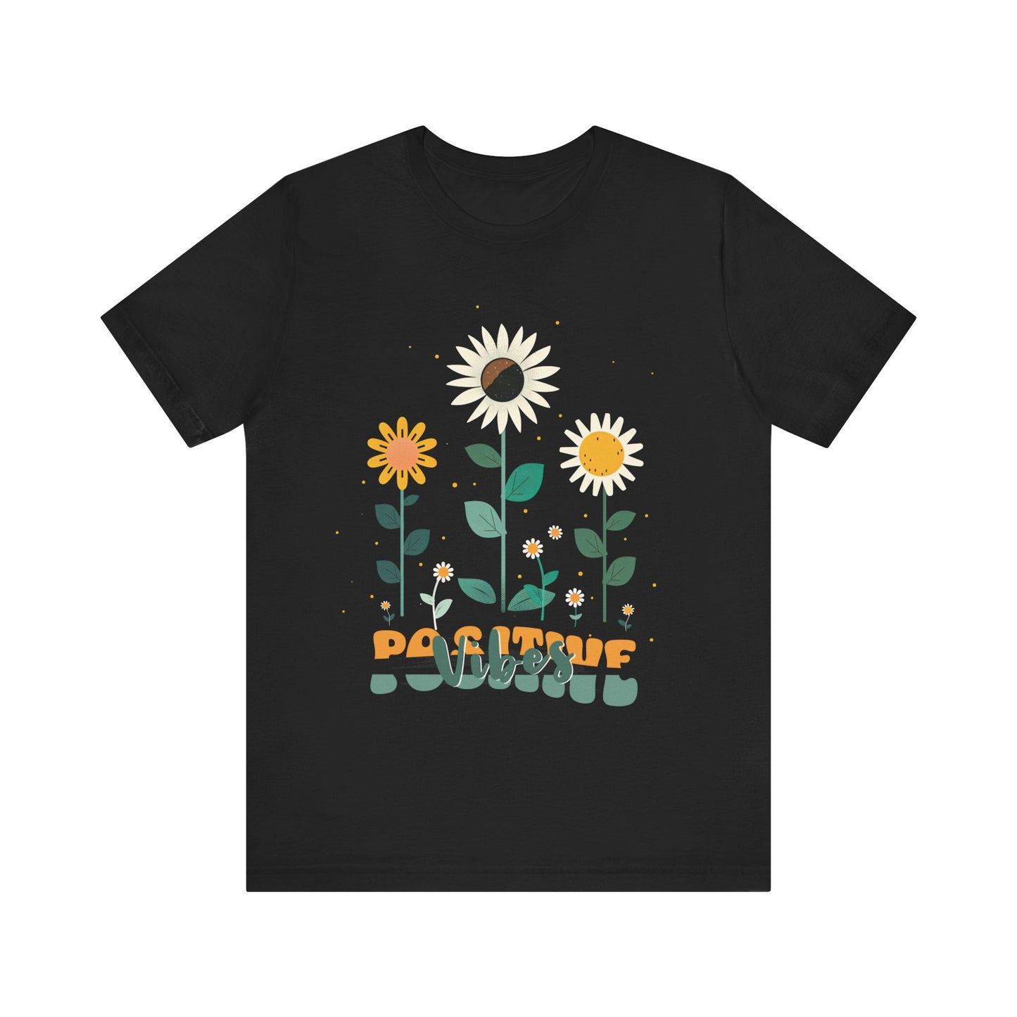 Colorful floral illustration with 'Positive Vibes' - featuring a trio of vibrant flowers, including a sunflower-like bloom with white petals, an orange flower with simple petals, and a yellow flower with round petals, all set against a light backdrop adorned with whimsical dots and the uplifting phrase 'Positive Vibes' in playful orange font, Aqua, Athletic Heather, Berry, Black, Dark Grey, Dark, Grey, Heather, Heather Kelly, Heather Red, Heather Team, Purple, Navy, Pink, Ash, Heather, Aqua, Charity Pink