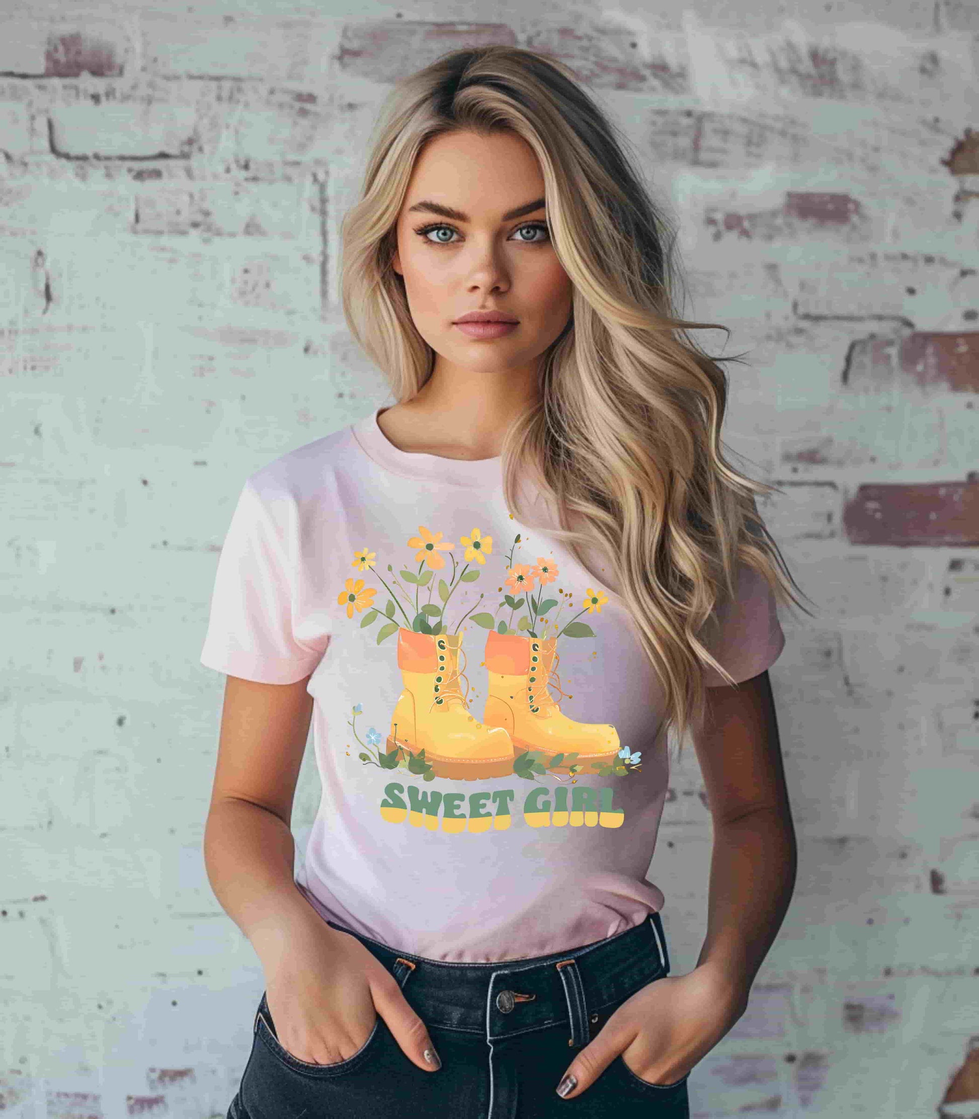 “Chic boho-style boots adorned with floral accents and ‘Sweet Girl’ text, featured on Bella Canvas 3001 t-shirts in a variety of hues Athletic Heather Berry Black Dark Grey Heather Heather Team Purple Navy White Heather Aqua Charity Pink.”