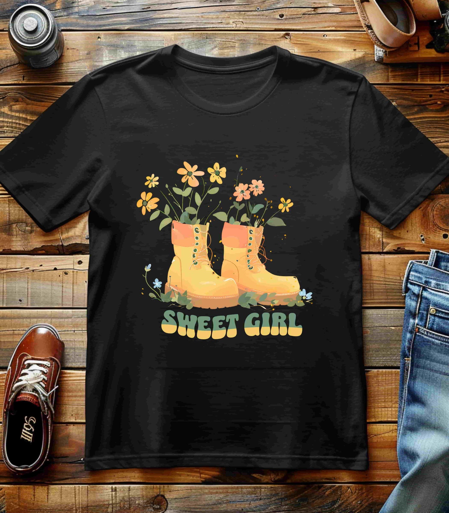 “Chic boho-style boots adorned with floral accents and ‘Sweet Girl’ text, featured on Bella Canvas 3001 t-shirts in a variety of hues Athletic Heather Berry Black Dark Grey Heather Heather Team Purple Navy White Heather Aqua Charity Pink.”