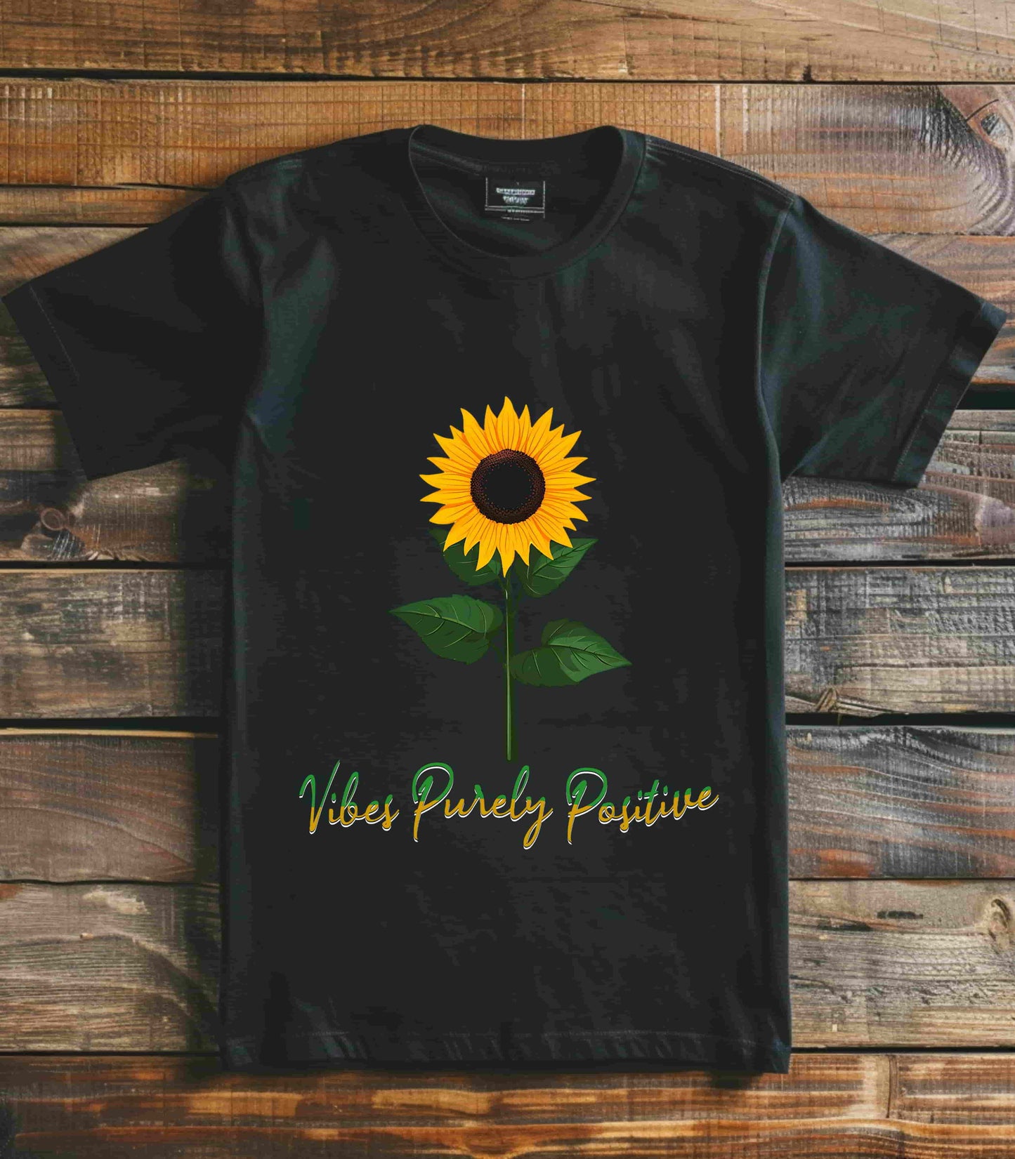 Sunflower illustration with 'Vibes Purely Positive' phrase - a vibrant sunflower with yellow petals and dark brown center, green leaves on a stem, conveying a positive message printed in t-shirts of different colors  like "Army Athletic Heather Berry Black Heather Navy Heather Team Purple Navy White Ash Heather Aqua"