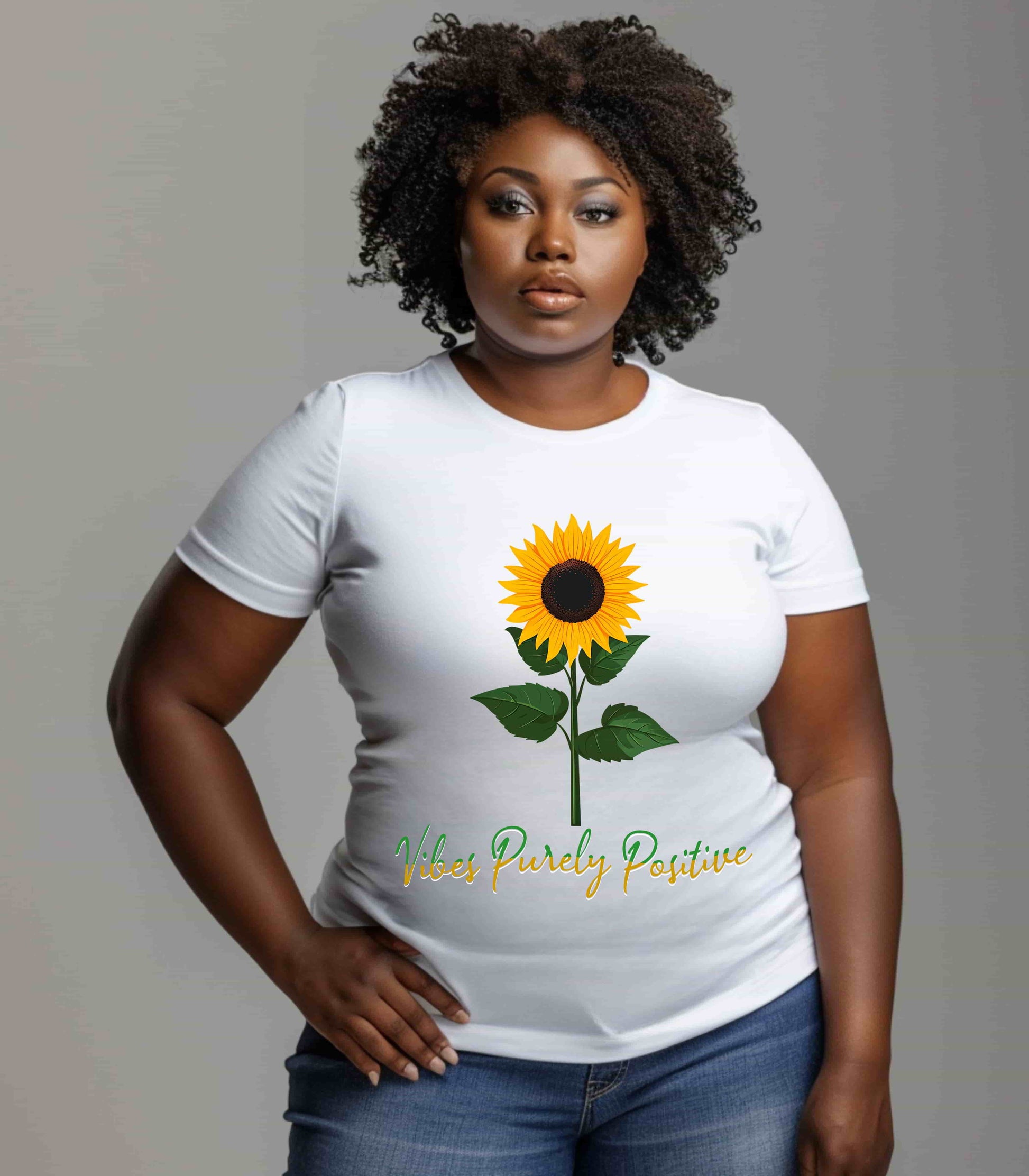 Sunflower illustration with 'Vibes Purely Positive' phrase - a vibrant sunflower with yellow petals and dark brown center, green leaves on a stem, conveying a positive message printed in t-shirts of different colors like "Army Athletic Heather Berry Black Heather Navy Heather Team Purple Navy White Ash Heather Aqua"