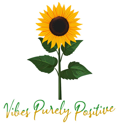 Sunflower illustration with 'Vibes Purely Positive' phrase - a vibrant sunflower with yellow petals and dark brown center, green leaves on a stem, conveying a positive message printed in t-shirts of different colors like "Army Athletic Heather Berry Black Heather Navy Heather Team Purple Navy White Ash Heather Aqua"