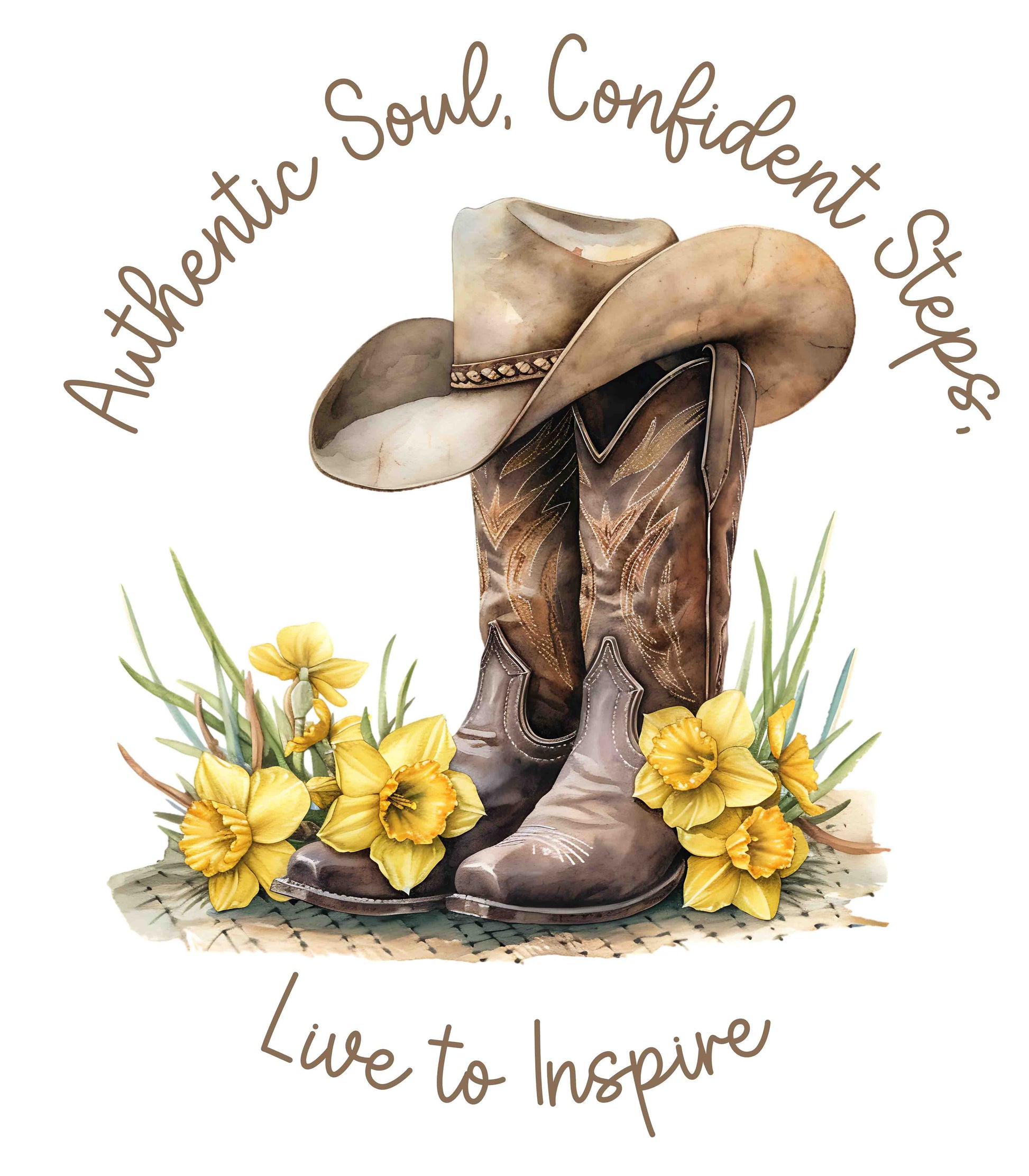 Brown leather cowboy boots with detailed stitching and a light brown hat on top, surrounded by green leaves and yellow flowers, with inspirational phrases ‘Authentic Soul,’ ‘Confident Steps,’ and ‘Live to Inspire’ written above and below on a white background Aqua Athletic Heather Baby Blue Black Dark Grey Heather Heather Kelly Heather Red Heather Team Purple Heather True Royal Navy Pink White Heather Aqua Heather Mauve Charity Pink.