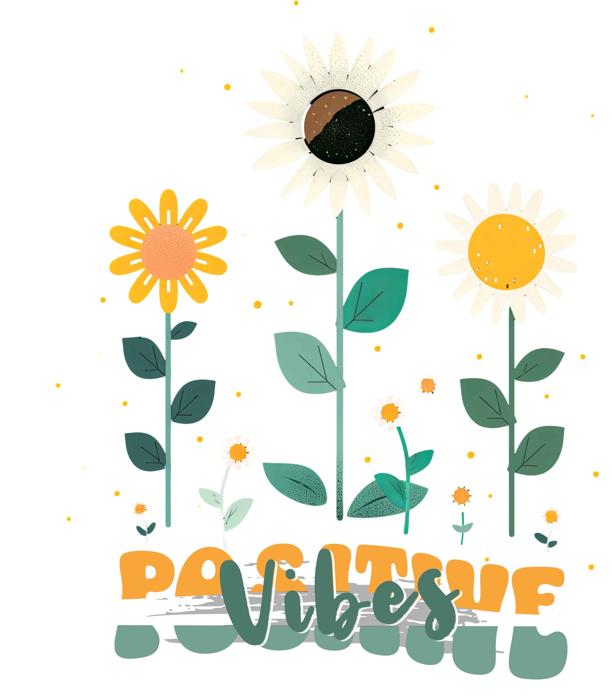 Colorful floral illustration with 'Positive Vibes' - featuring a trio of vibrant flowers, including a sunflower-like bloom with white petals, an orange flower with simple petals, and a yellow flower with round petals, all set against a light backdrop adorned with whimsical dots and the uplifting phrase 'Positive Vibes' in playful orange font. Women's Clothing  Unisex  TikTok  T-shirts  Regular fit  Neck Labels  Men's Clothing  DTG  Crew neck  Cotton